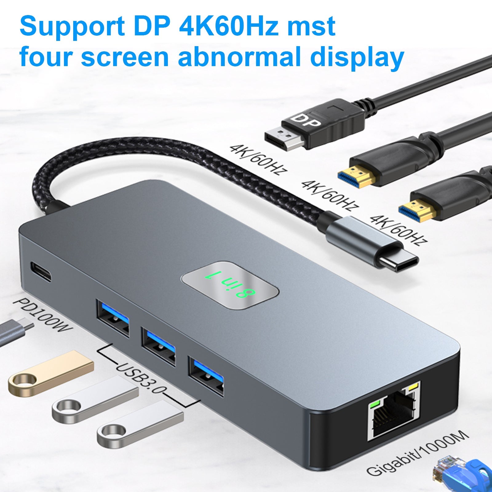 Adaptador de concentrador de interfaz 8 en 1 TYPE-C a RJ45 Gigabit USB 3.0 HDMI DP PD100W