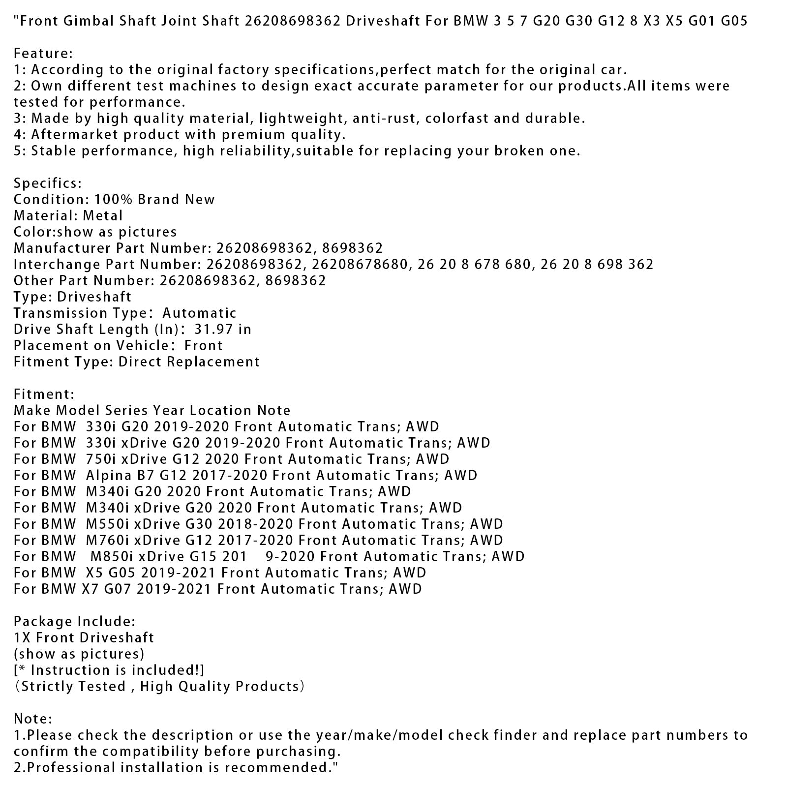 BMW M850i xDrive G15 2019-2020 Transmission automatique avant AWD Arbre de cardan avant Arbre de transmission 26208698362