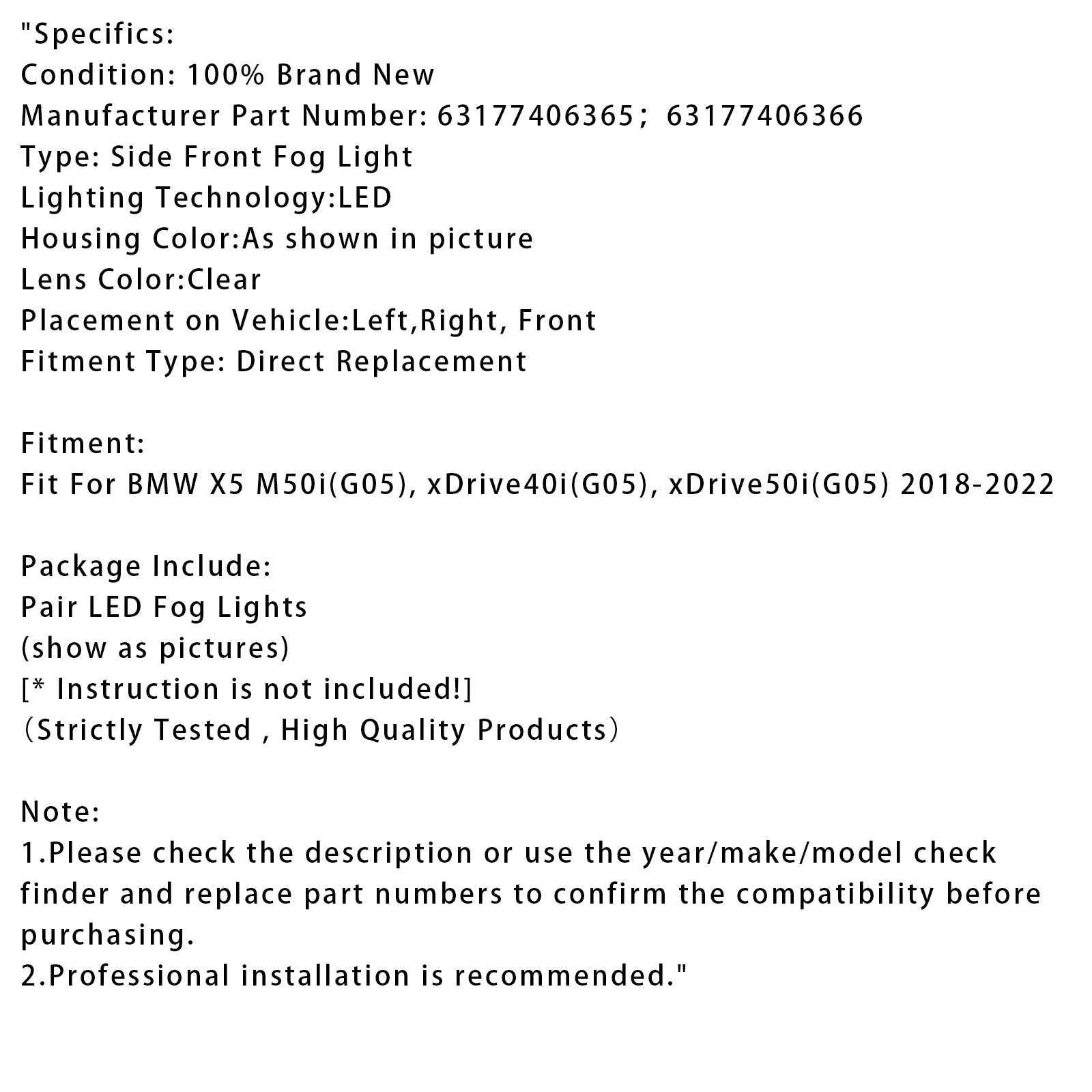 Par de luces antiniebla delantera LED para BMW X5 G05 2018-2022 63177406365