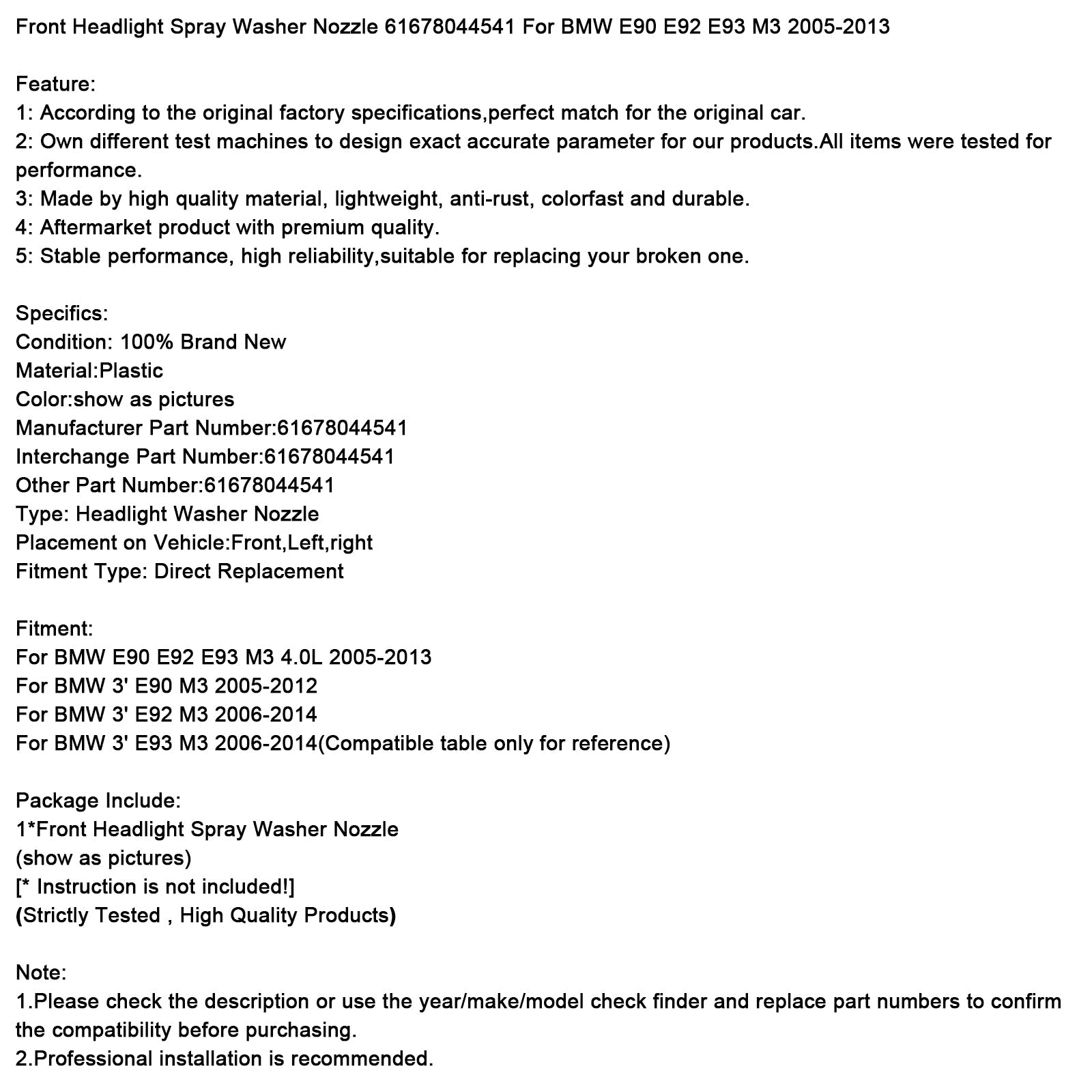 Dysza spryskiwacza przedniego reflektora 61678044541 dla BMW M3 2005-2013