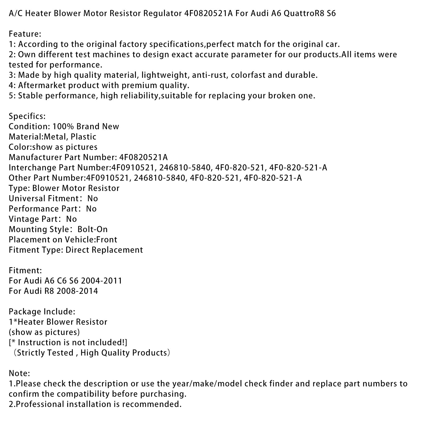 Regulator upora motorja ventilatorja grelnika klimatske naprave 4F0820521A za Audi A6 Quattro R8 S6