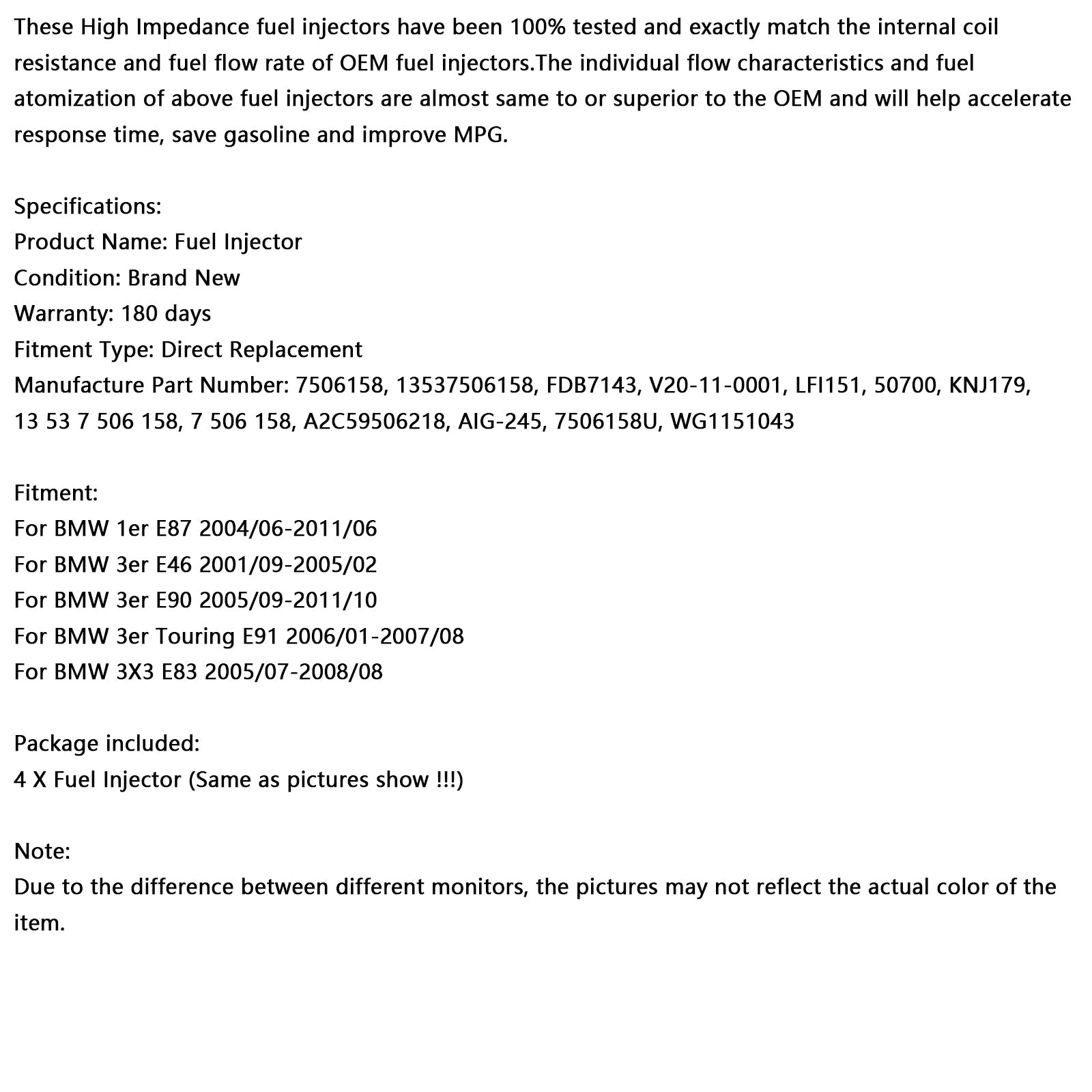 Iniettore di carburante a 4 parti 13537506158 per BMW 116i 120i 316i 318i 320i X3 Z4 7506158