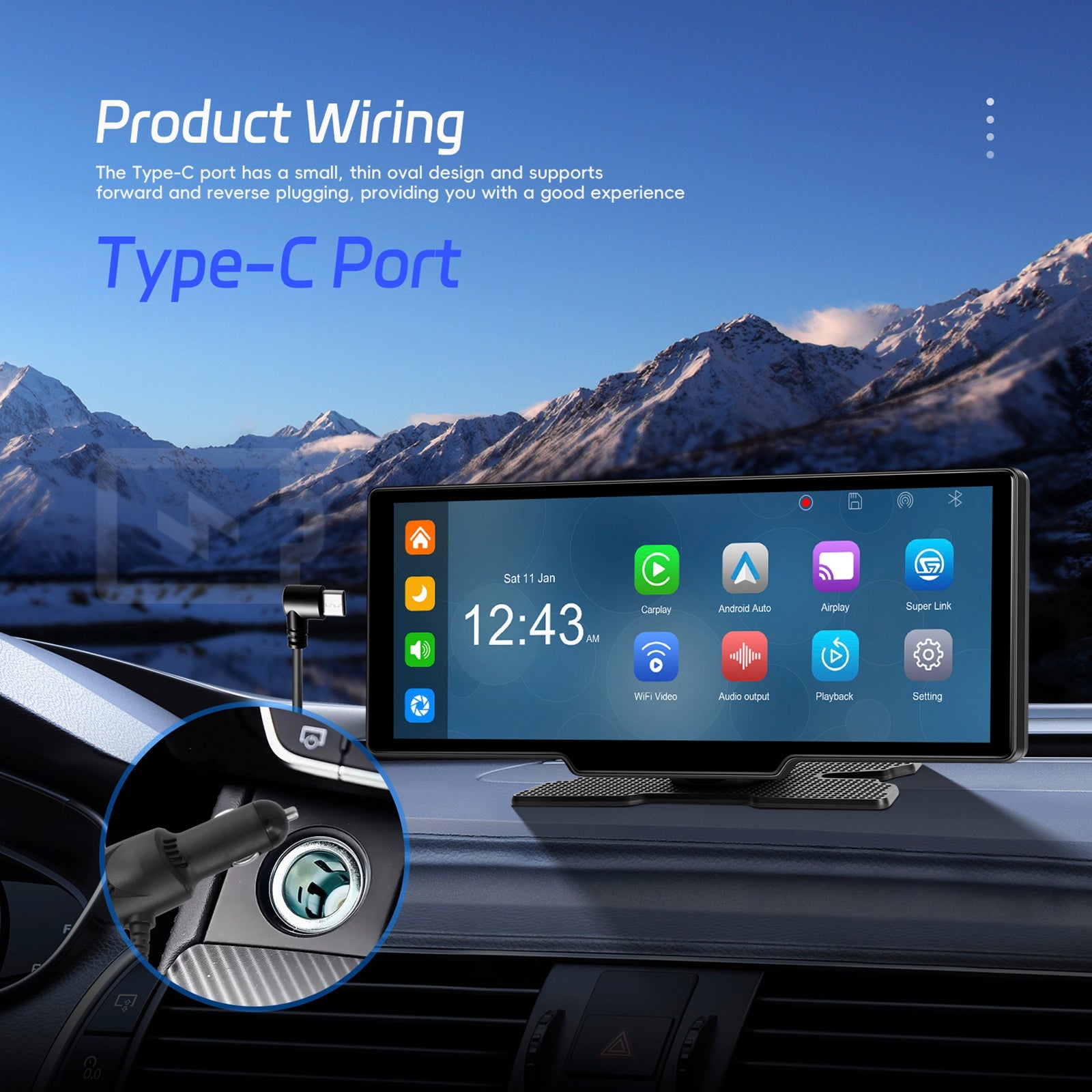 Autoradio portable Bluetooth 10,26"" avec navigation sans fil et compatible CarPlay, caméra AHD