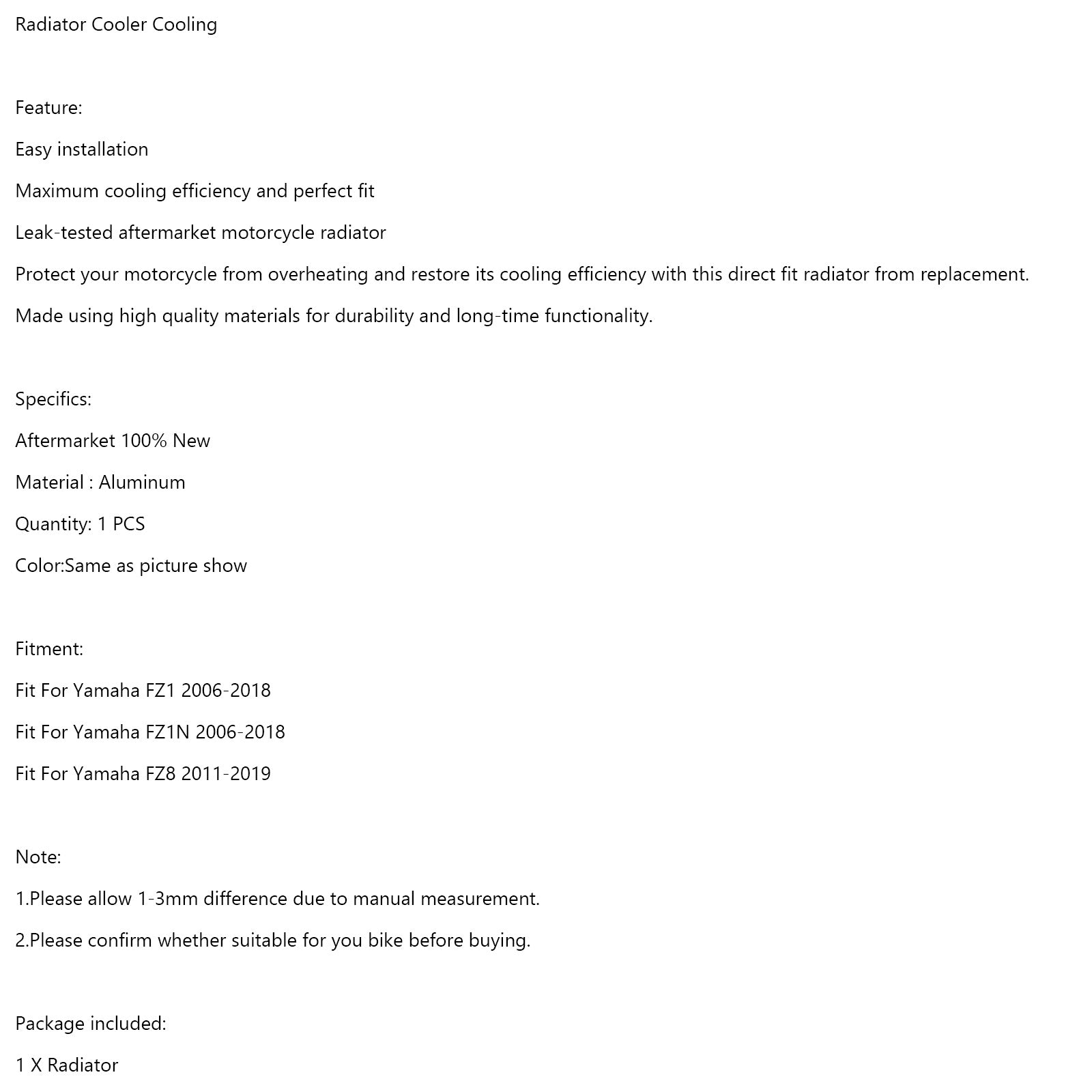 Refroidisseur de moteur de refroidissement de radiateur en aluminium pour Yamaha FZ1 FZ1N 06-18 FZ8 11-19