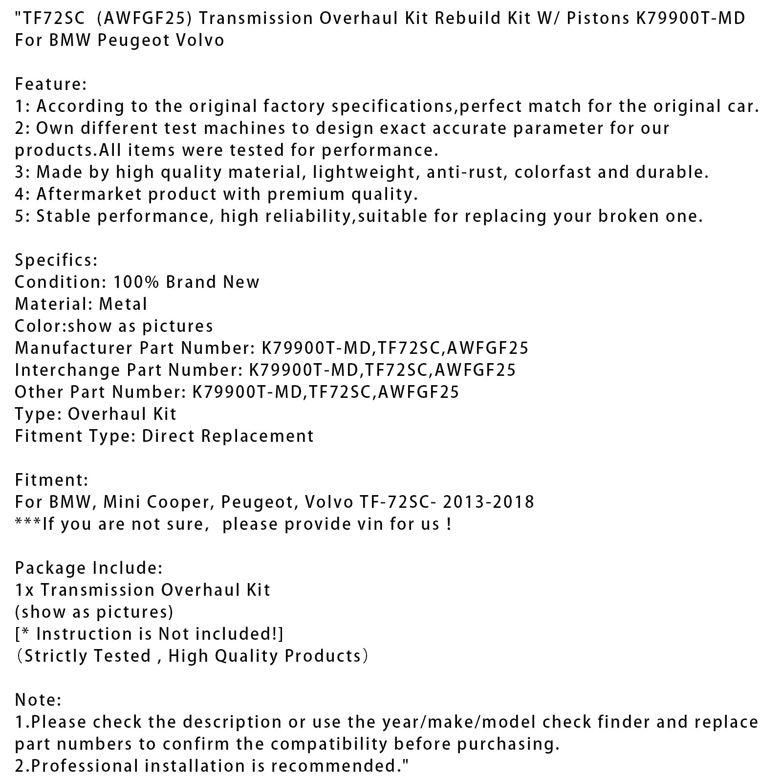 Zestaw naprawczy skrzyni biegów z tłokami TF-72SC do samochodów BMW, Mini Cooper, Peugeot i Volvo (2013-2018).