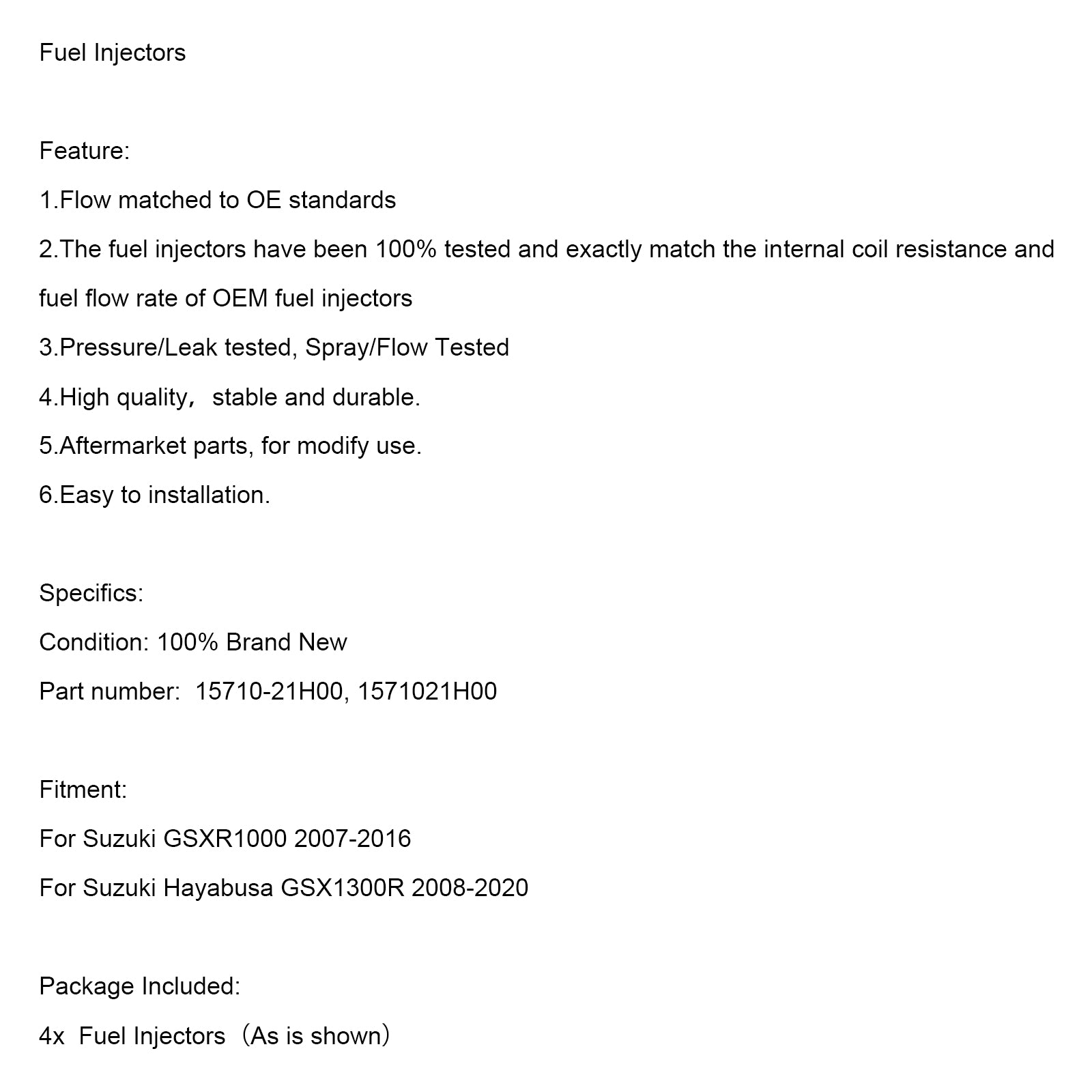 4 pezzi iniettori di carburante 15710-21H00 per Suzuki GSXR1000 2007-2016 GSX1300R 2008-2020