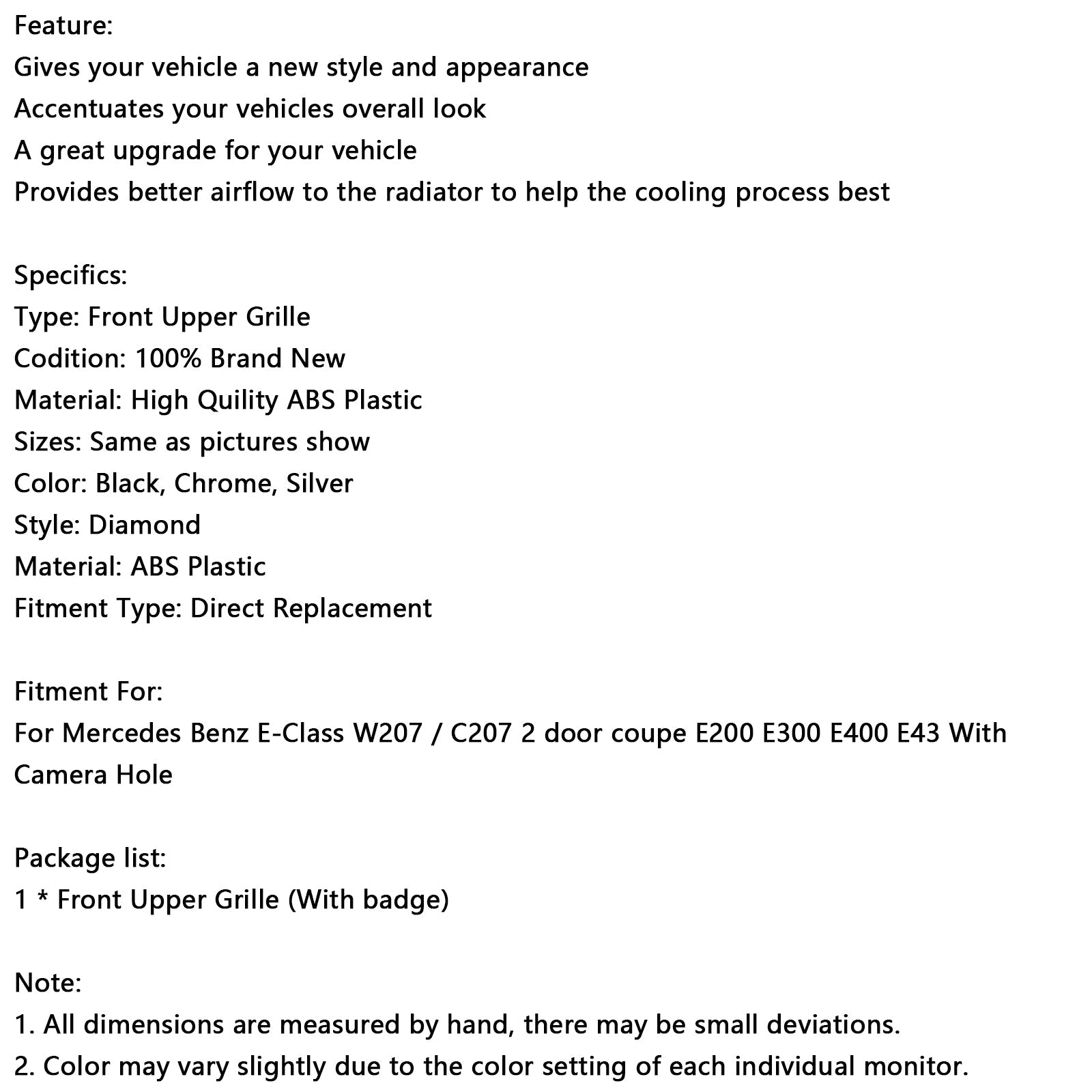 GT-stijl voorbumpergrille voor Mercedes E-Klasse W207 Coupé 2014-2017