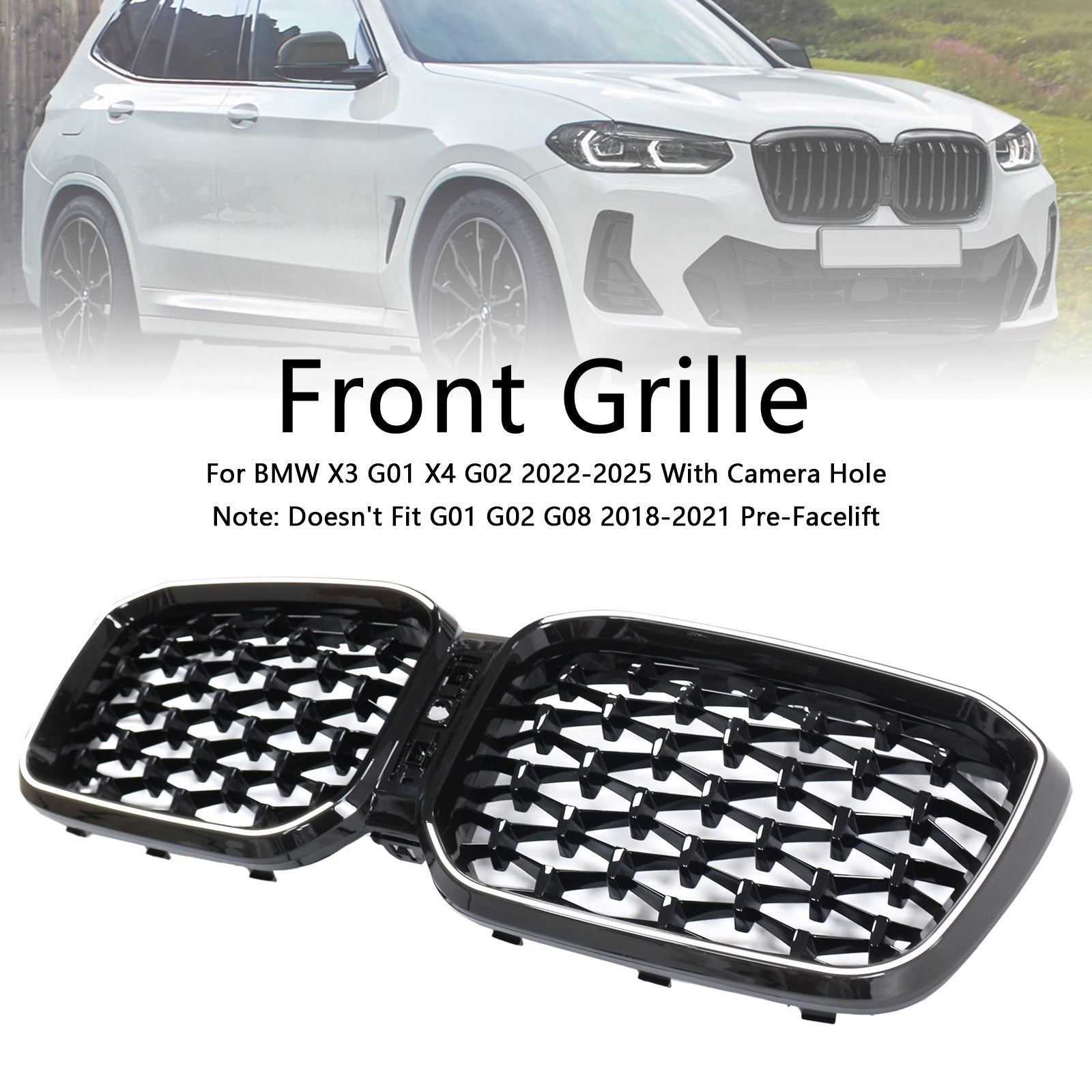 Grille de pare-chocs avant noire brillante diamantée pour BMW X3 G01 X4 G02 2022-2025