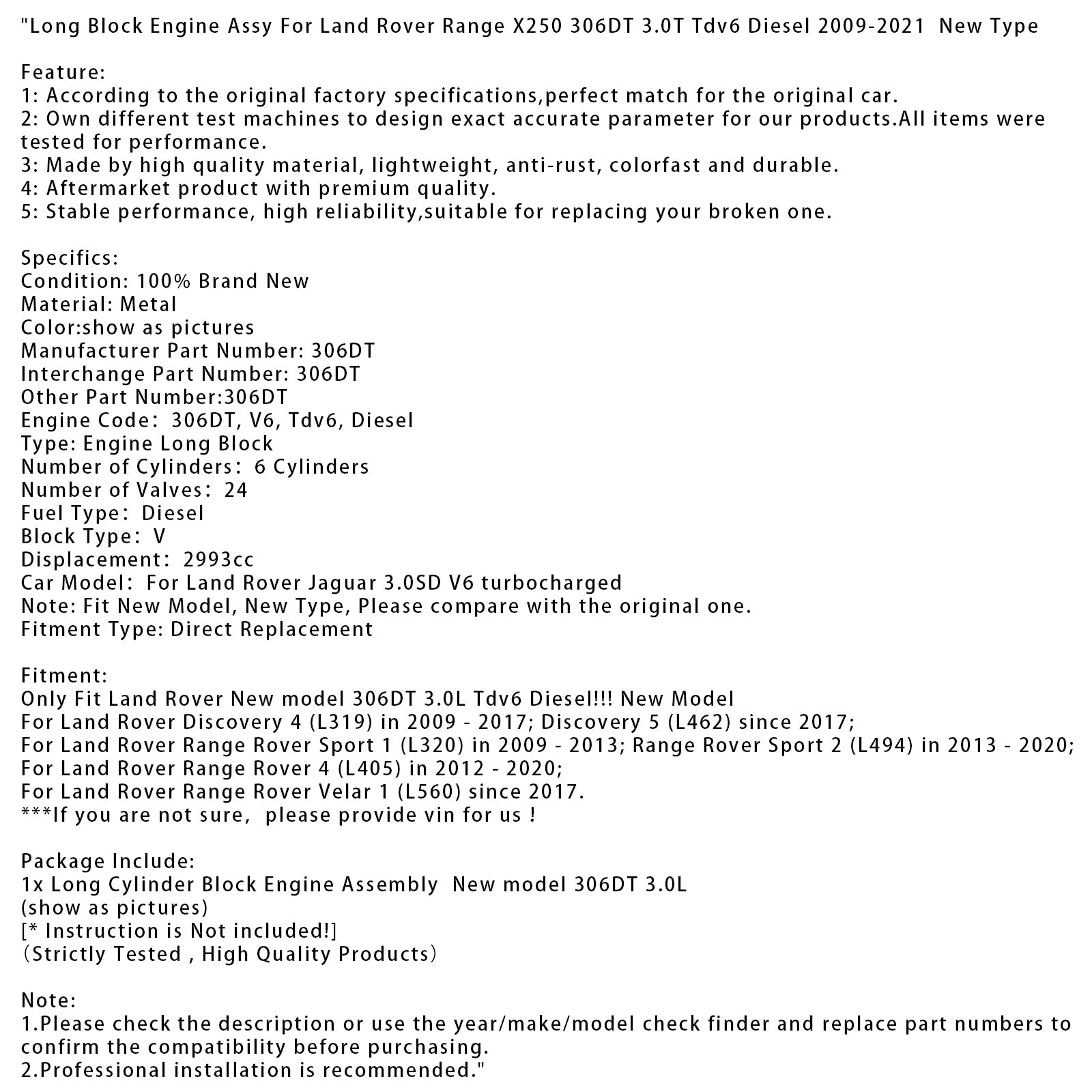 306DT-motor (compleet motorblok) voor Land Rover Range Rover Sport 1 (L320) (2009-2013)