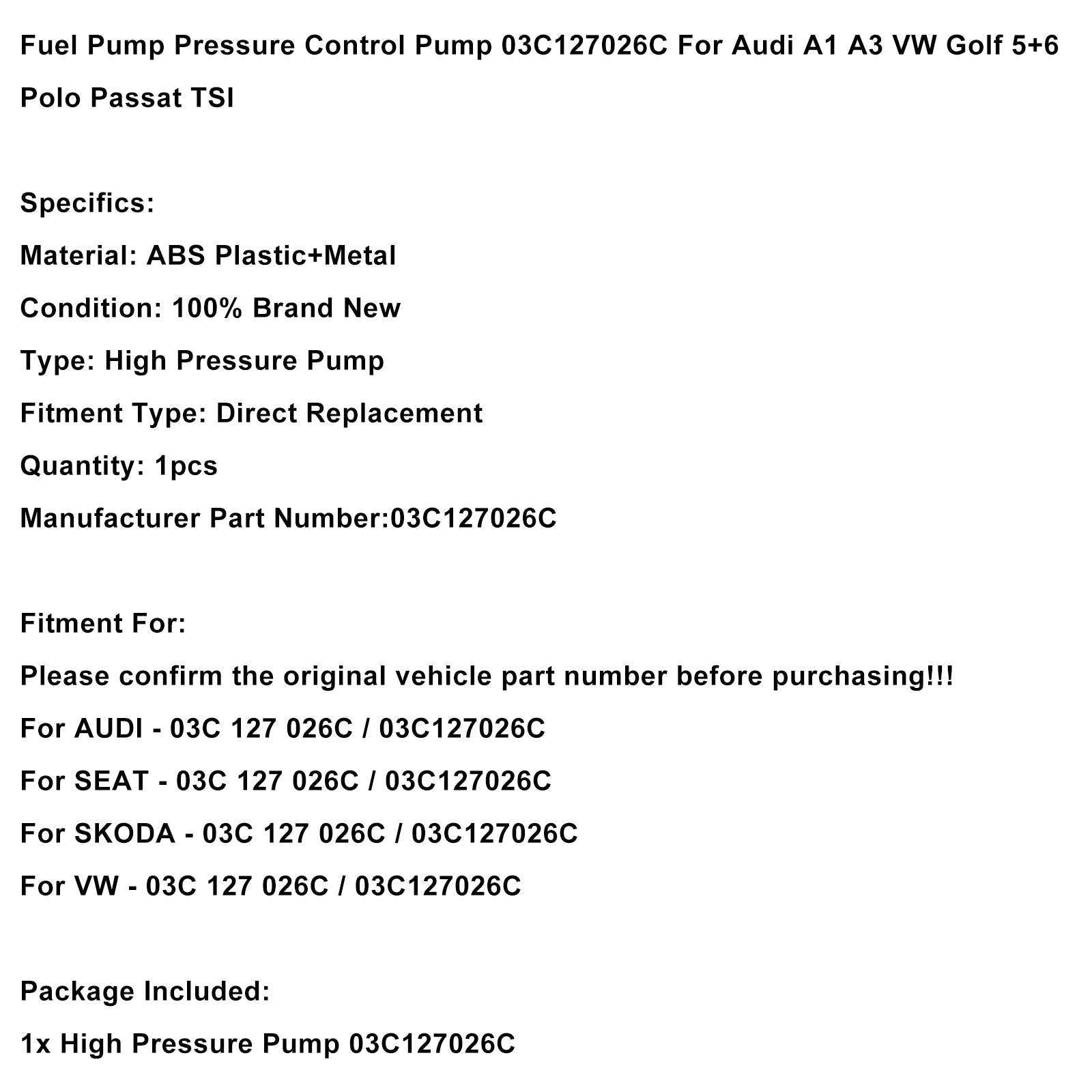 03C127026C pompa della pompa della pompa del carburante per Audi A1 A3 VW Golf 5+6 Polo Passat TSI