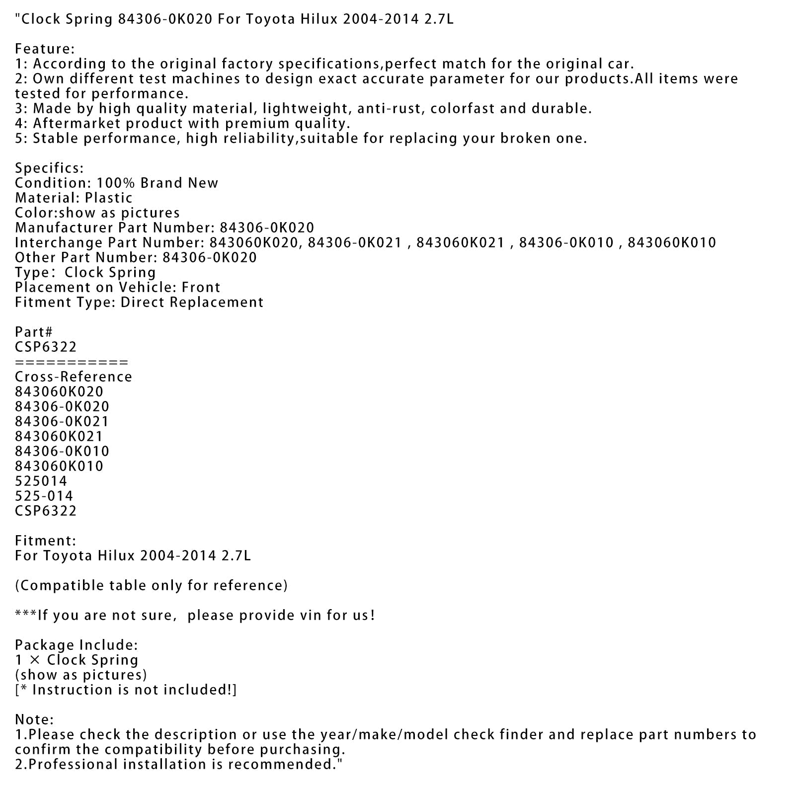 Sprężyna zegarowa do Toyoty Hilux 2.7L 2004-2014 84306-0K020