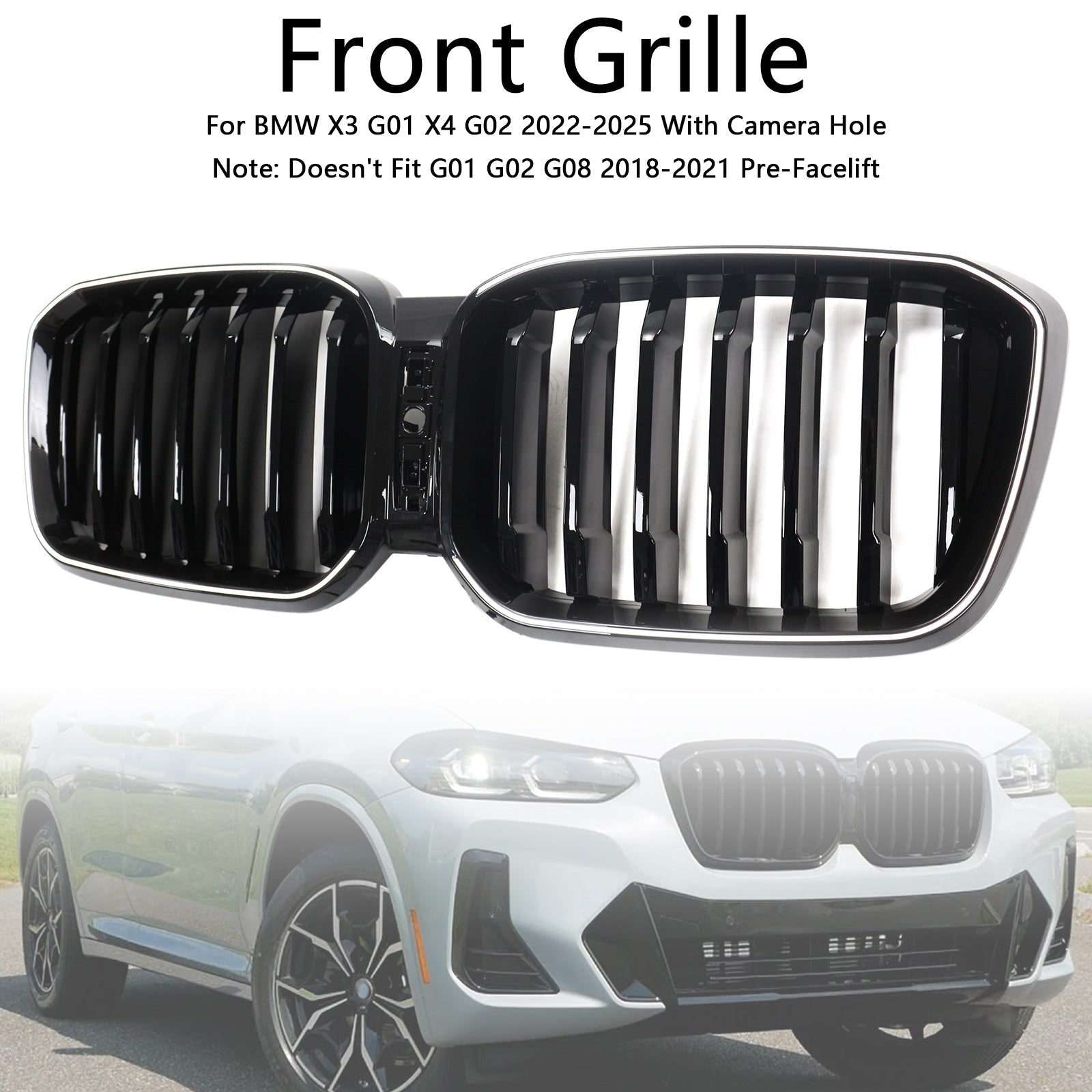 Bright Black Bumper-rooster met gat met gat voor camera voor BMW X3 G01 X4 G02 2022-2025