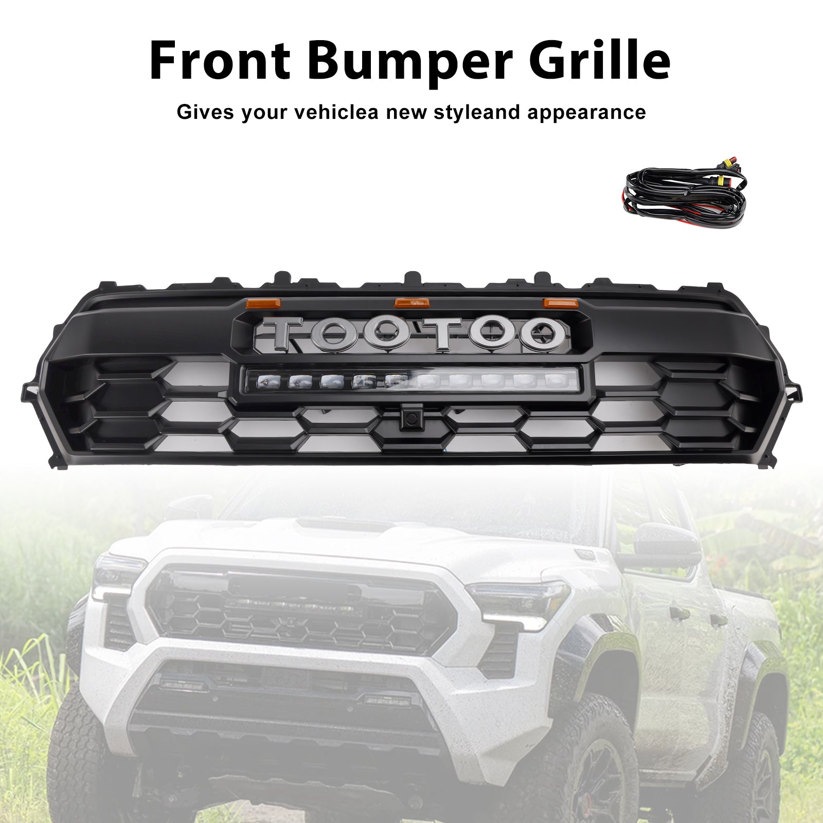 Grille de pare-chocs avant noire avec barre lumineuse et DEL pour Toyota Tacoma 2024 et plus