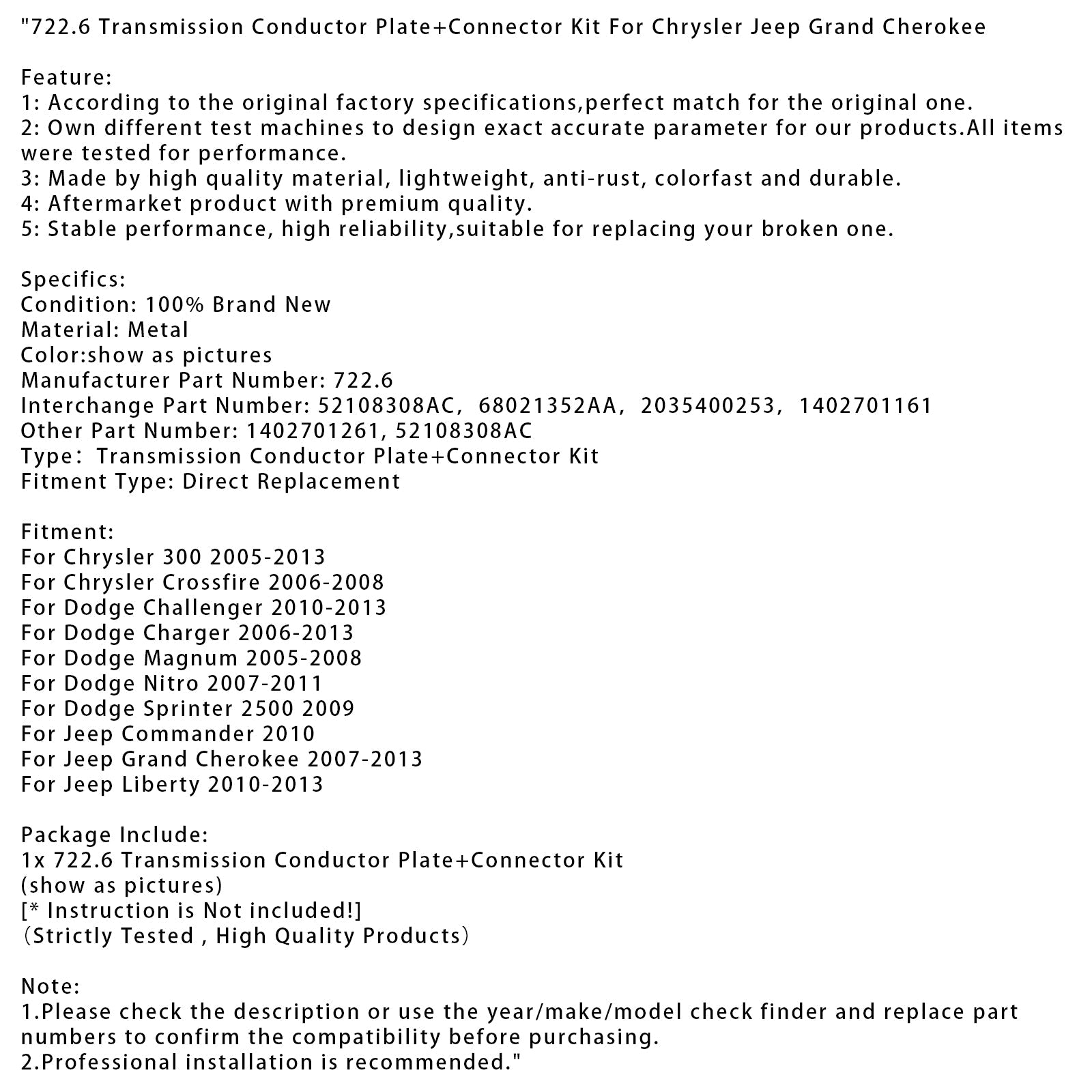 722.6 Piastra conduttore trasmissione + connettore per Chrysler Jeep Grand Cherokee