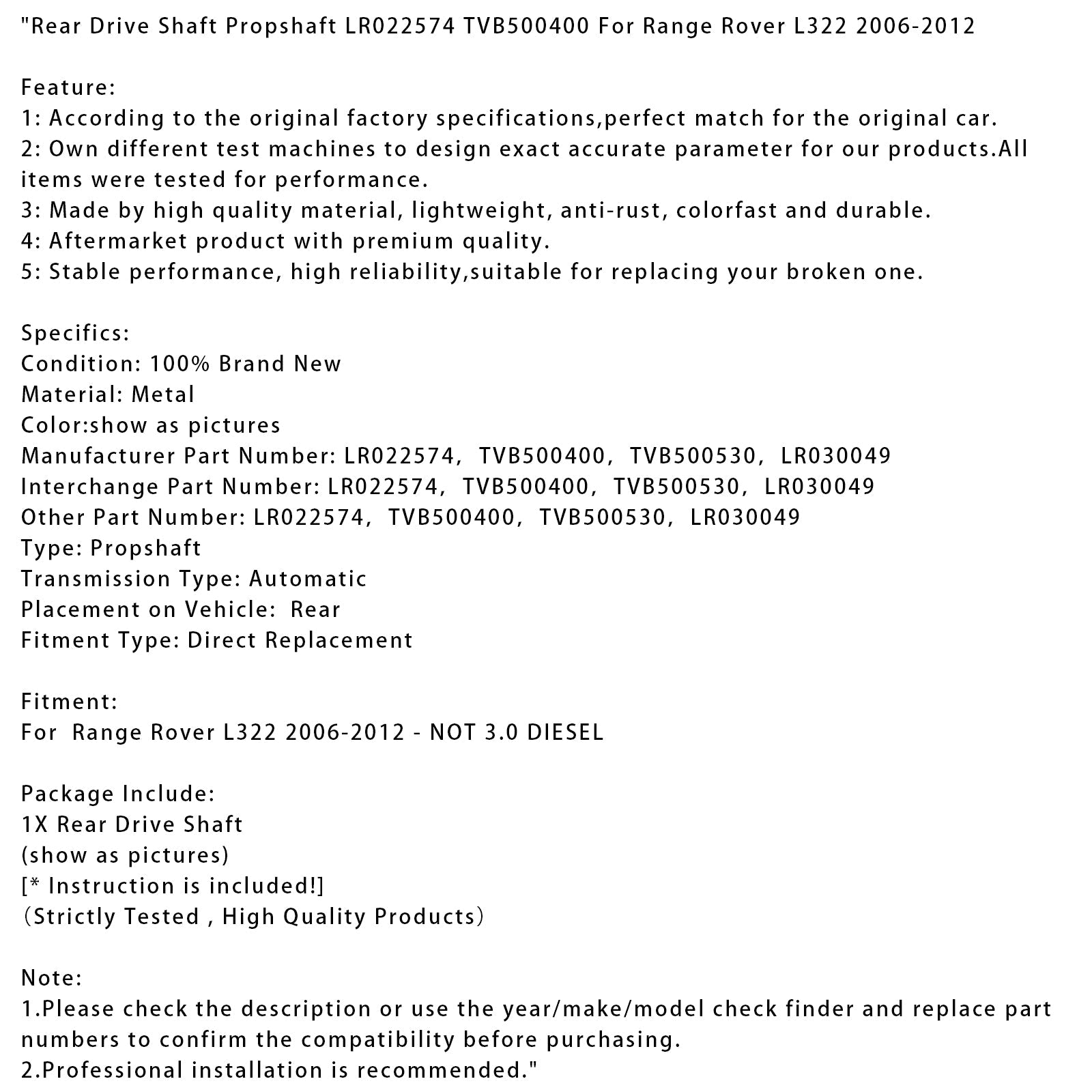 Achtertransmissieas voor Range Rover L322 2006-2012 LR022574 TVB500400