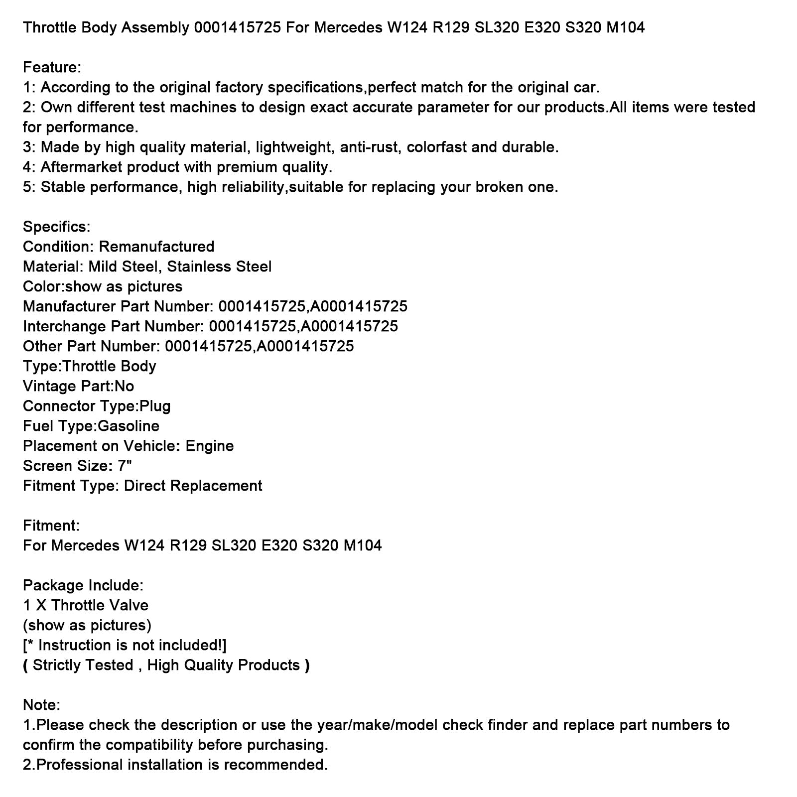 Ensemble de corps de papillon Mercedes W124 R129 SL320 E320 S320 M104 0001415725