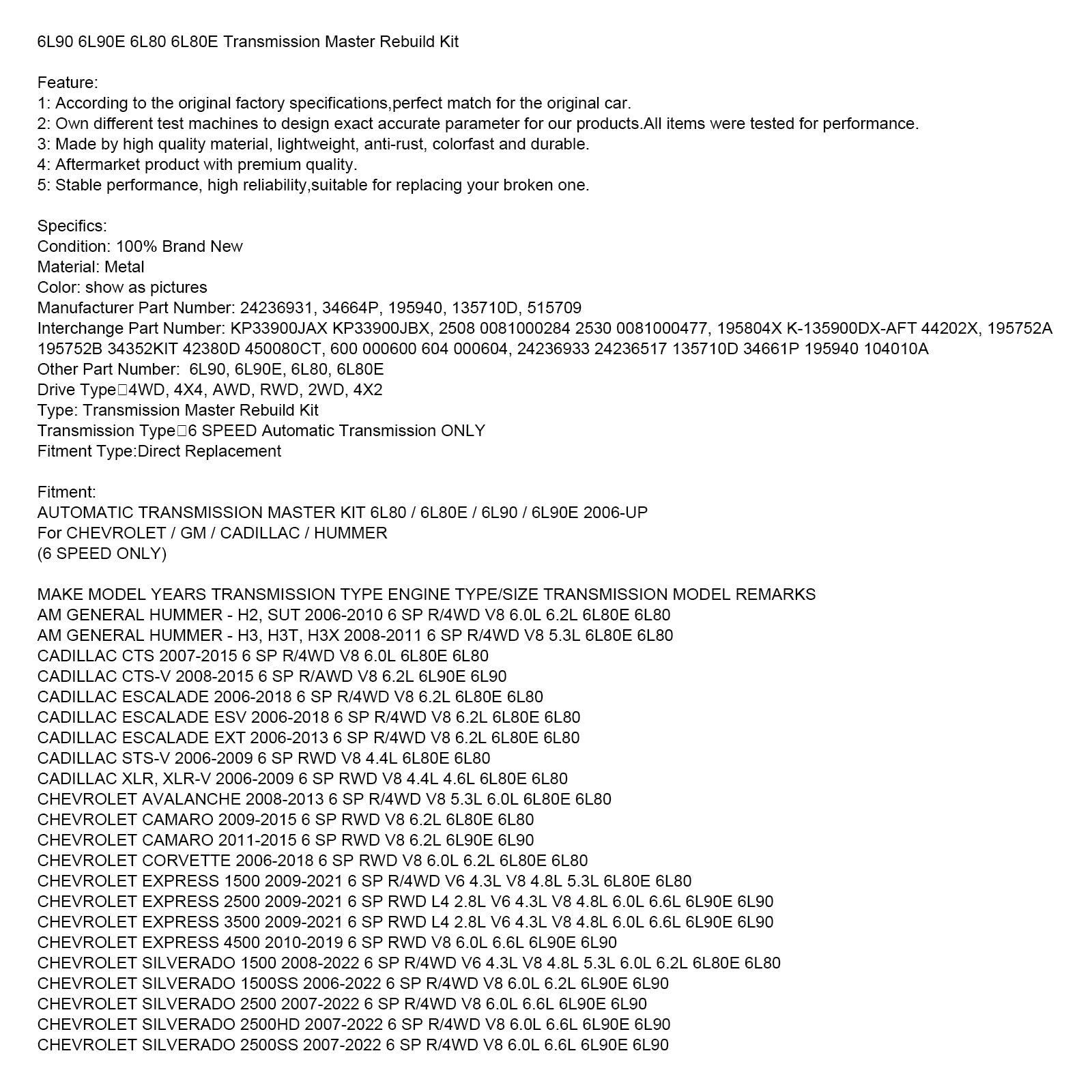 Zestaw do przebudowy głównej skrzyni biegów 6L90 6L90E 6L80 6L80E 24236931 KP33900JAX