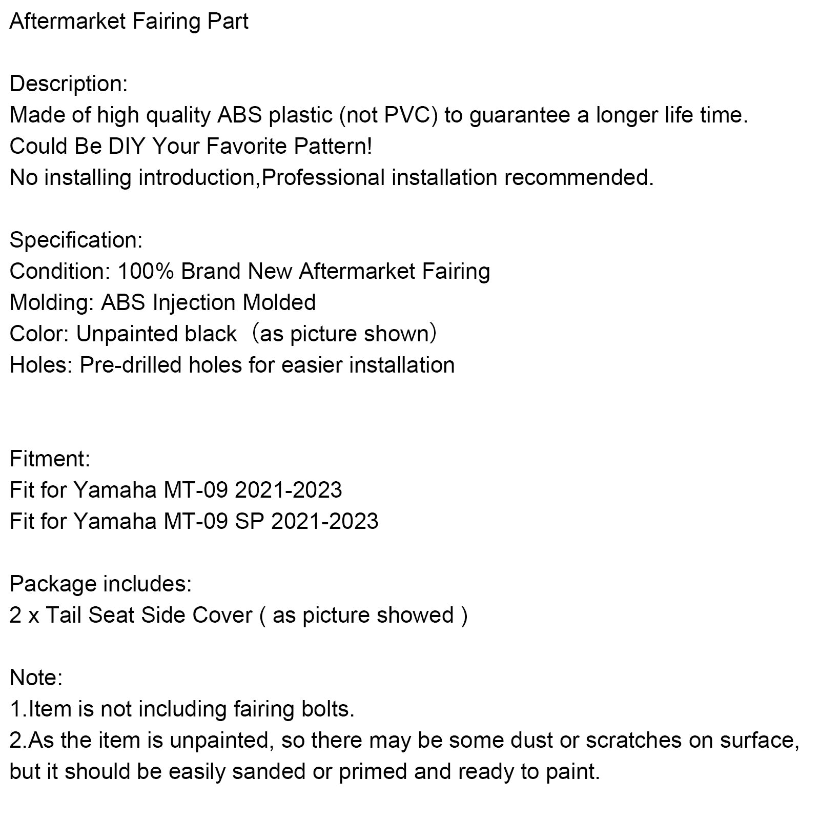 Carénage de couverture latérale de siège arrière non peint pour Yamaha MT-09 / MT-09 SP 2021-2023