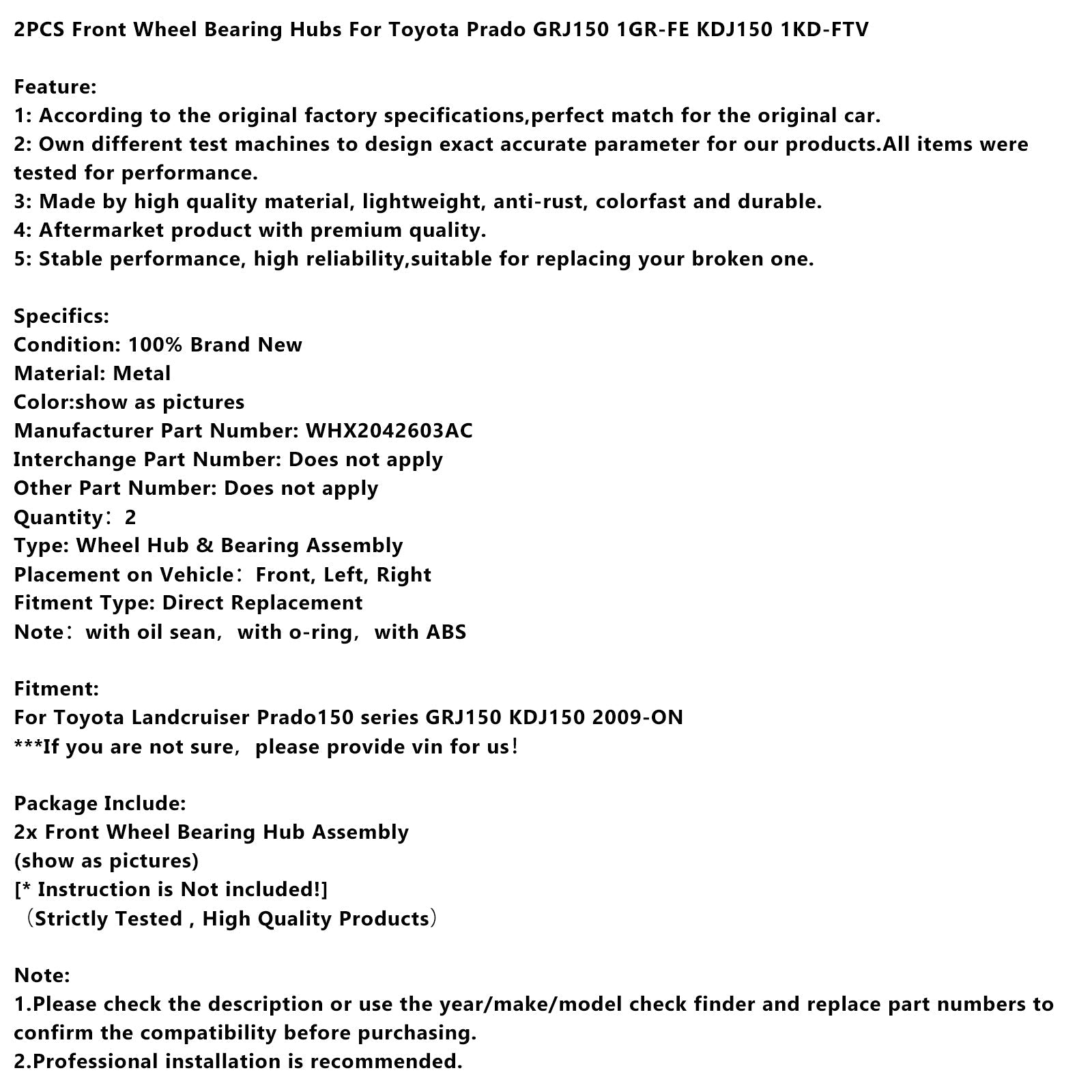 Moyeux de roulement de roue avant 2 pièces pour Toyota Landcruiser Prado150 série 2009-ON GRJ150 1GR-FE KDJ150 1KD-FTV