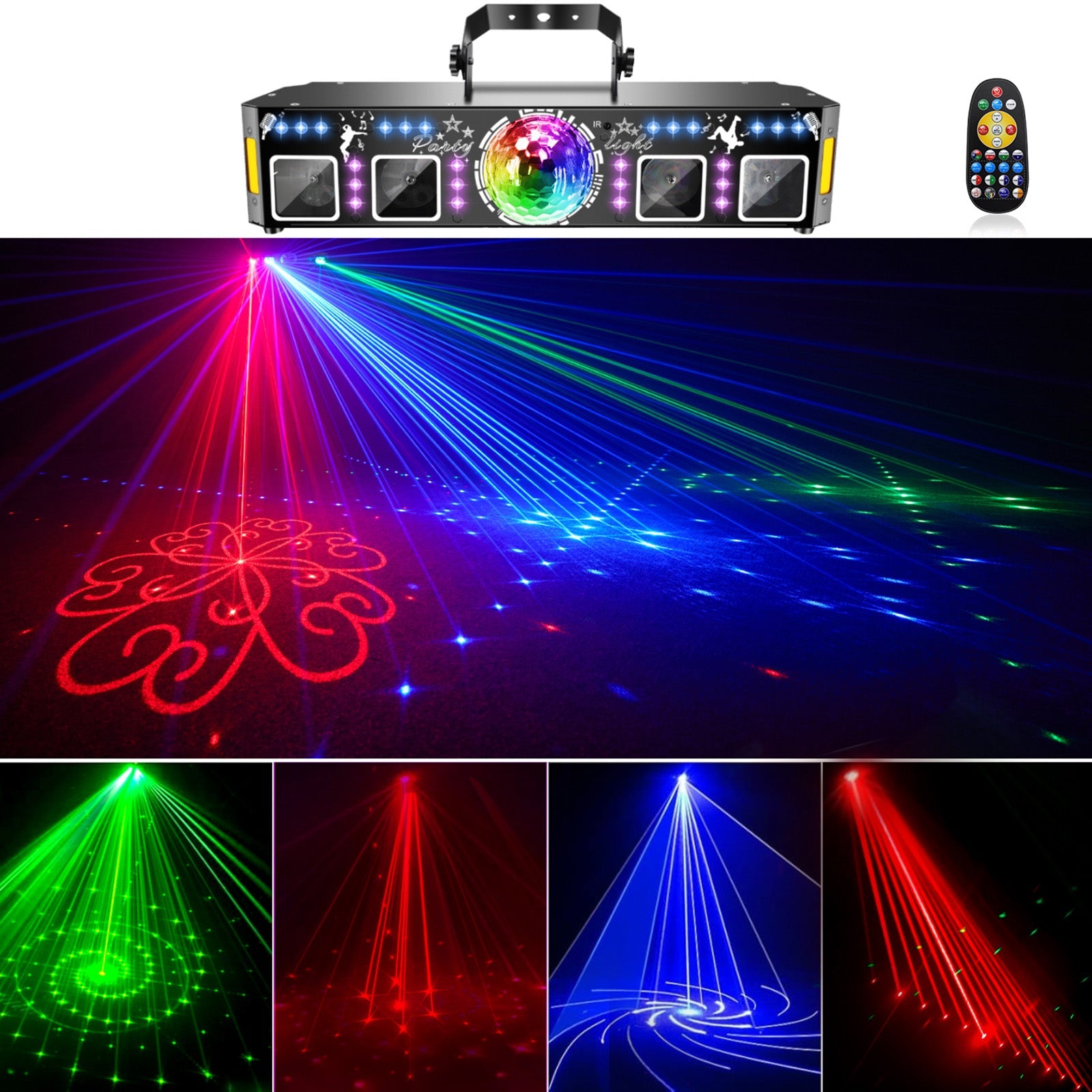 Projecteur laser magique 5 en 1 à 96 images avec stroboscope UV et télécommande