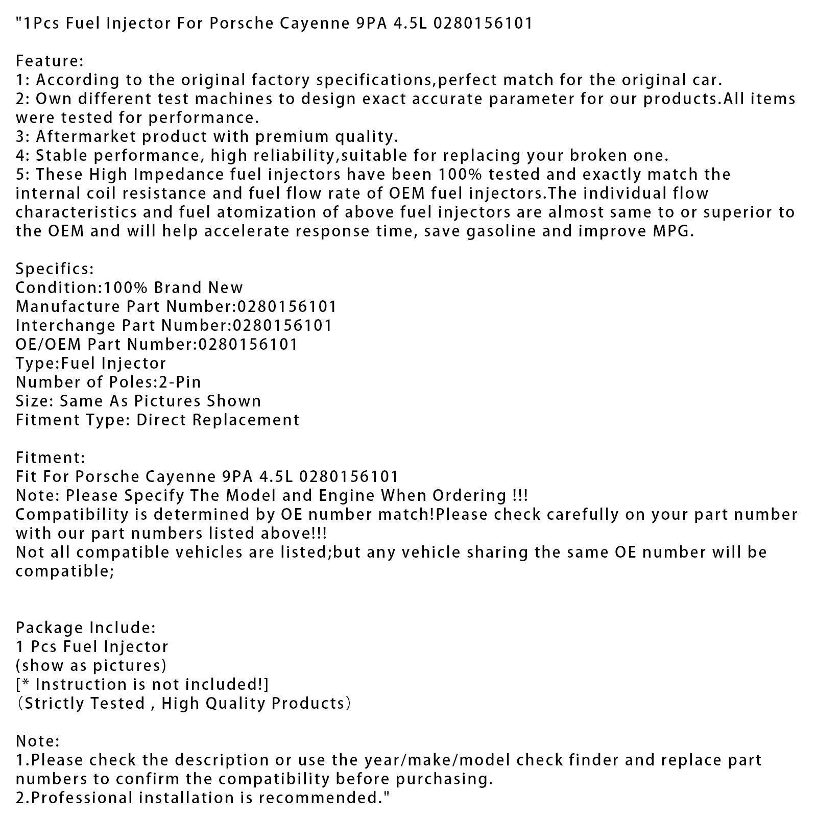 1x polttoainesuutin Porsche Cayenne 9PA 4.5L 0280156101