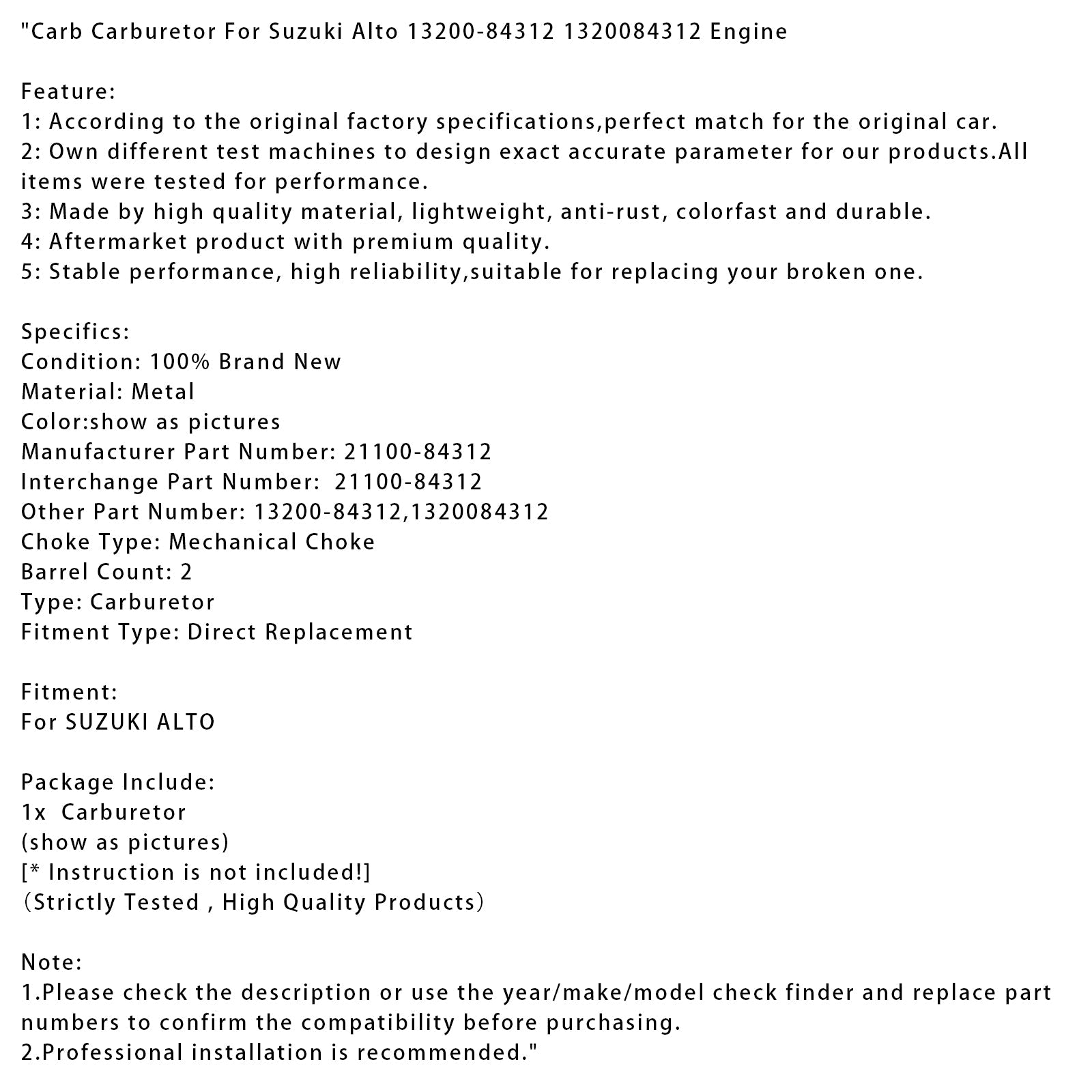 Carburador para motor Suzuki Alto 13200-84312 1320084312