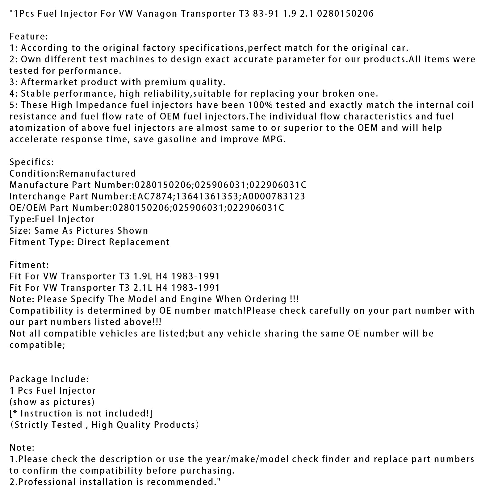 1x iniettore di carburante per VW Vanagon Transporter T3 83-91 1.9 2.1 0280150206