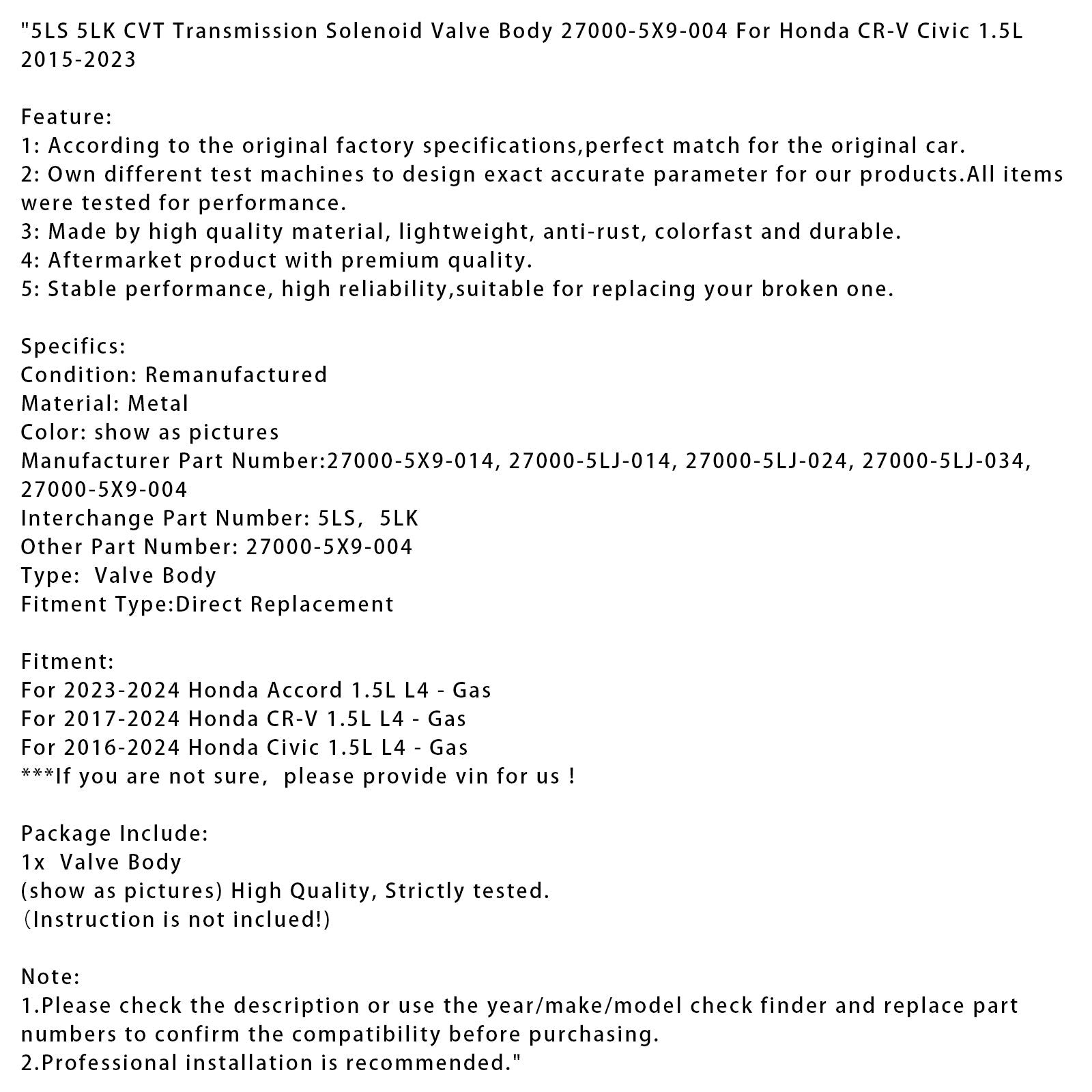 Ciało' Elektrozawór skrzyni biegów CVT Honda CR-V 1.5L L4 - benzyna 5LS 5LK 2017-2024 27000-5X9-014 27000-5LJ-014