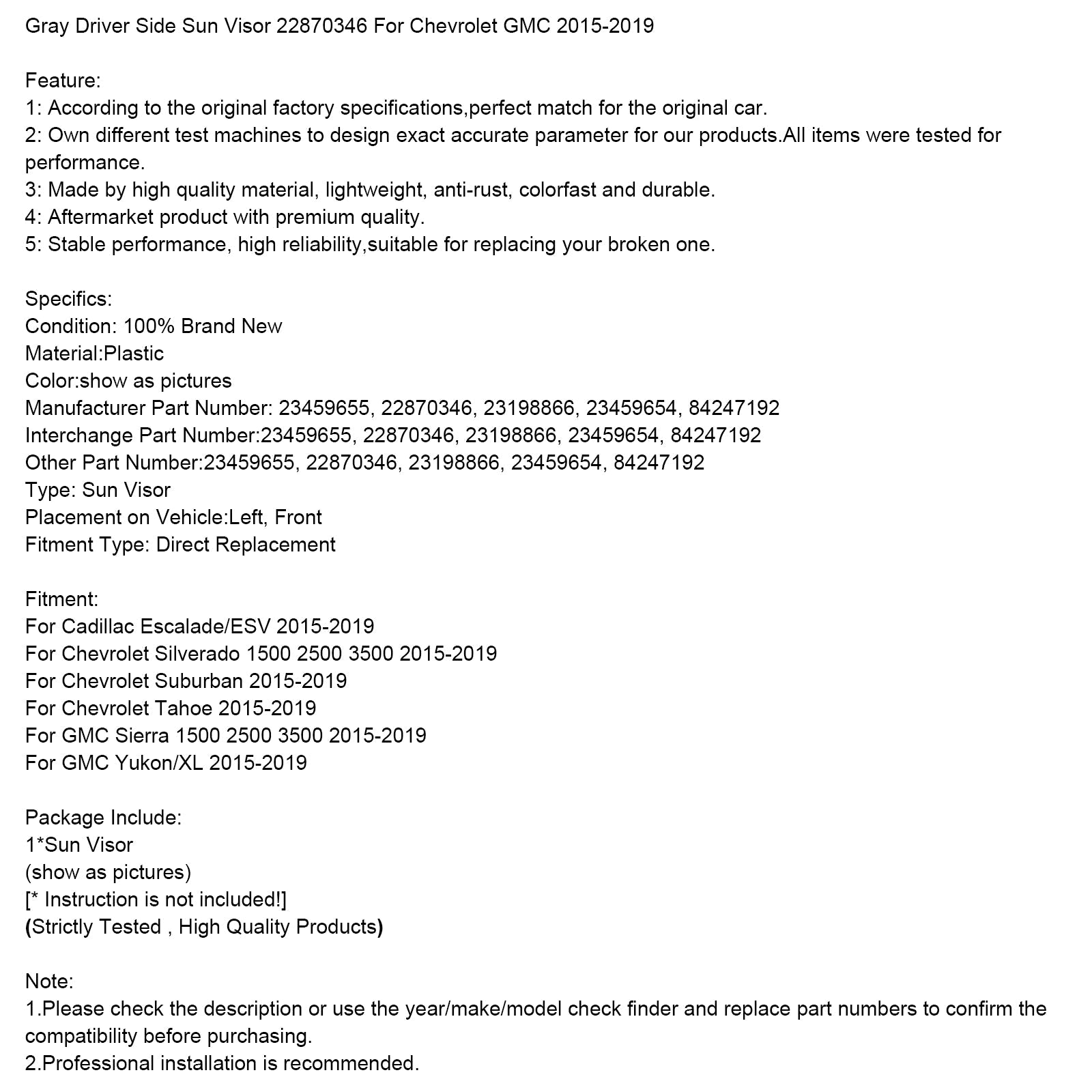 Pare-soleil gris côté gauche 85220-F0100TTX pour Hyundai Elantra 16-19
