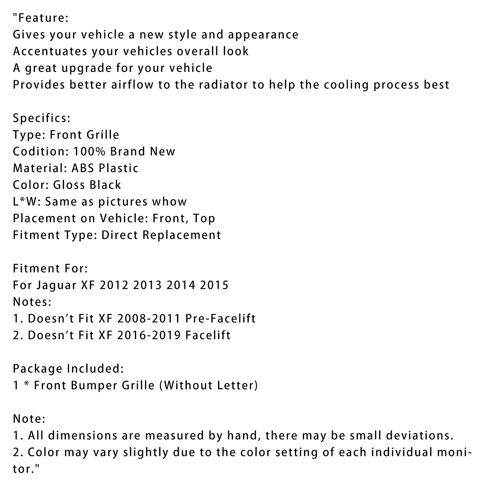 Grille de pare-chocs avant style XF-R pour Jaguar XF 2012-2015, noir brillant