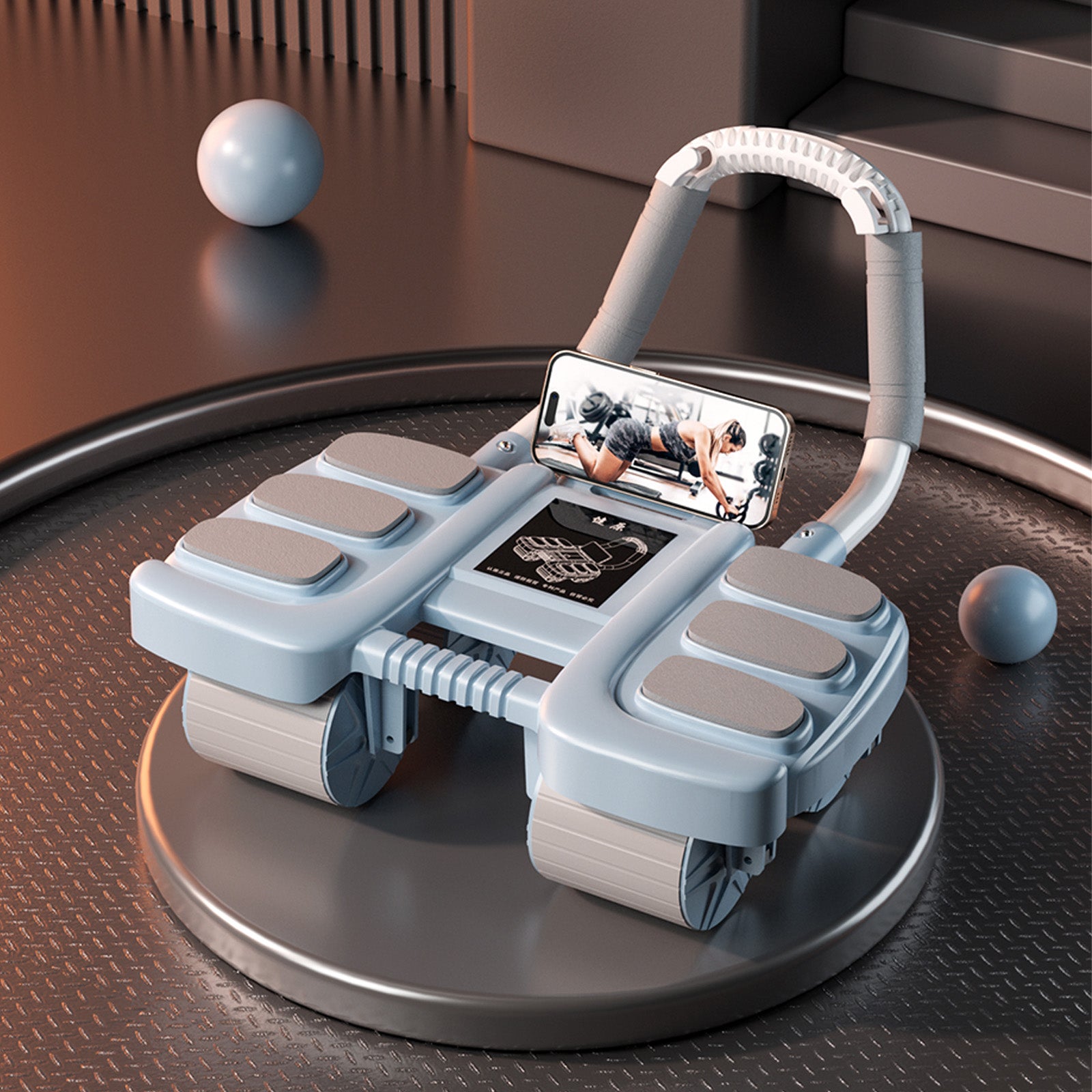 Équipement de Gym Domestique Portable - Roue Abdominale à Rebond Automatique Bleue avec Support de Coude et Stabilité à 4 Roues - Inclut une Minuterie - Entraîneur de Gainage Parfait pour Hommes et Femmes