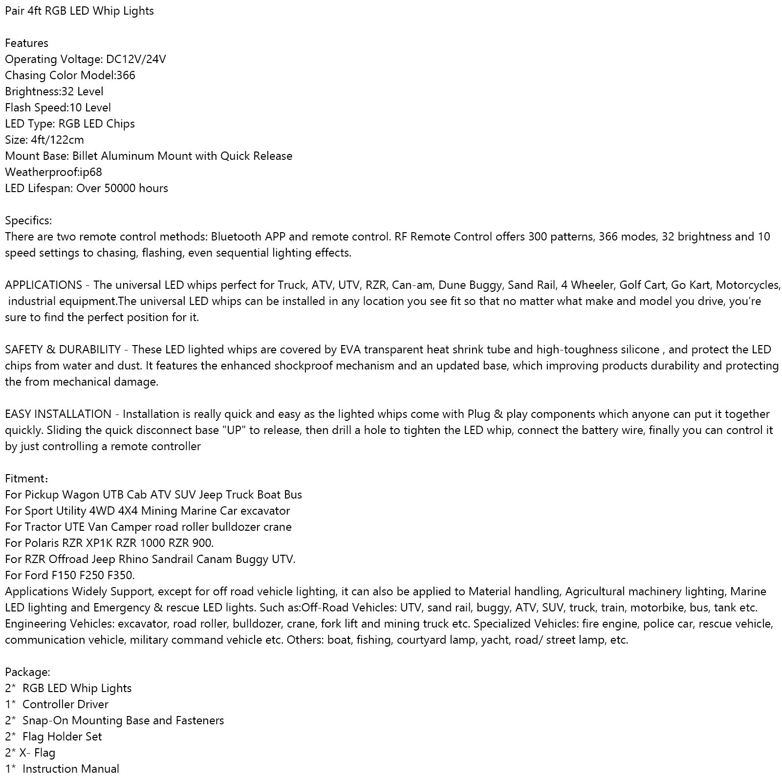 2x 4 piedi per Polaris UTV ATV Antenna Light Whip con applicazione a LED RGB con telecomando FLAG