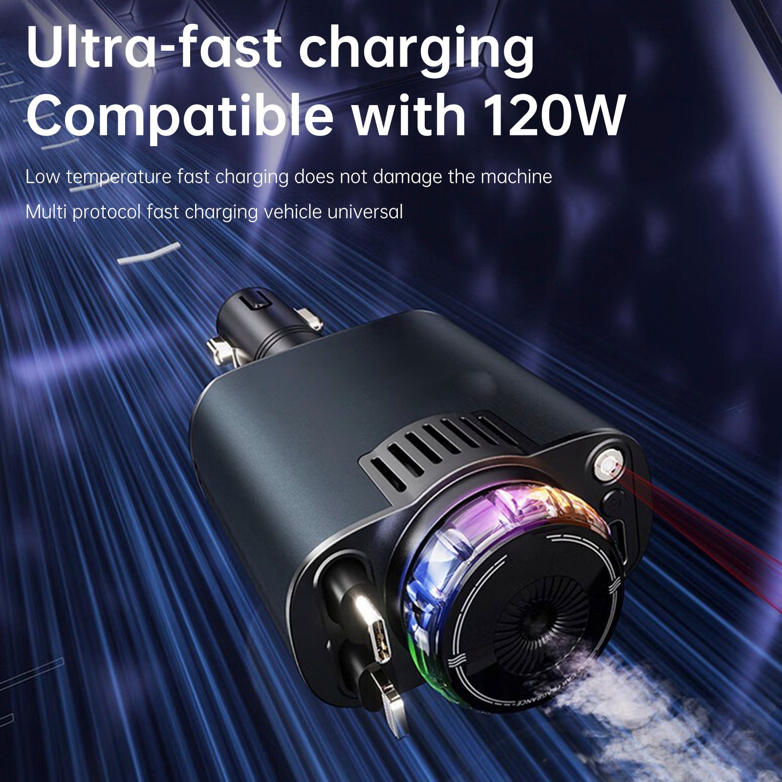 Chargeur de voiture ultra-rapide 120 W avec câble rétractable et diffuseur de parfum intelligent