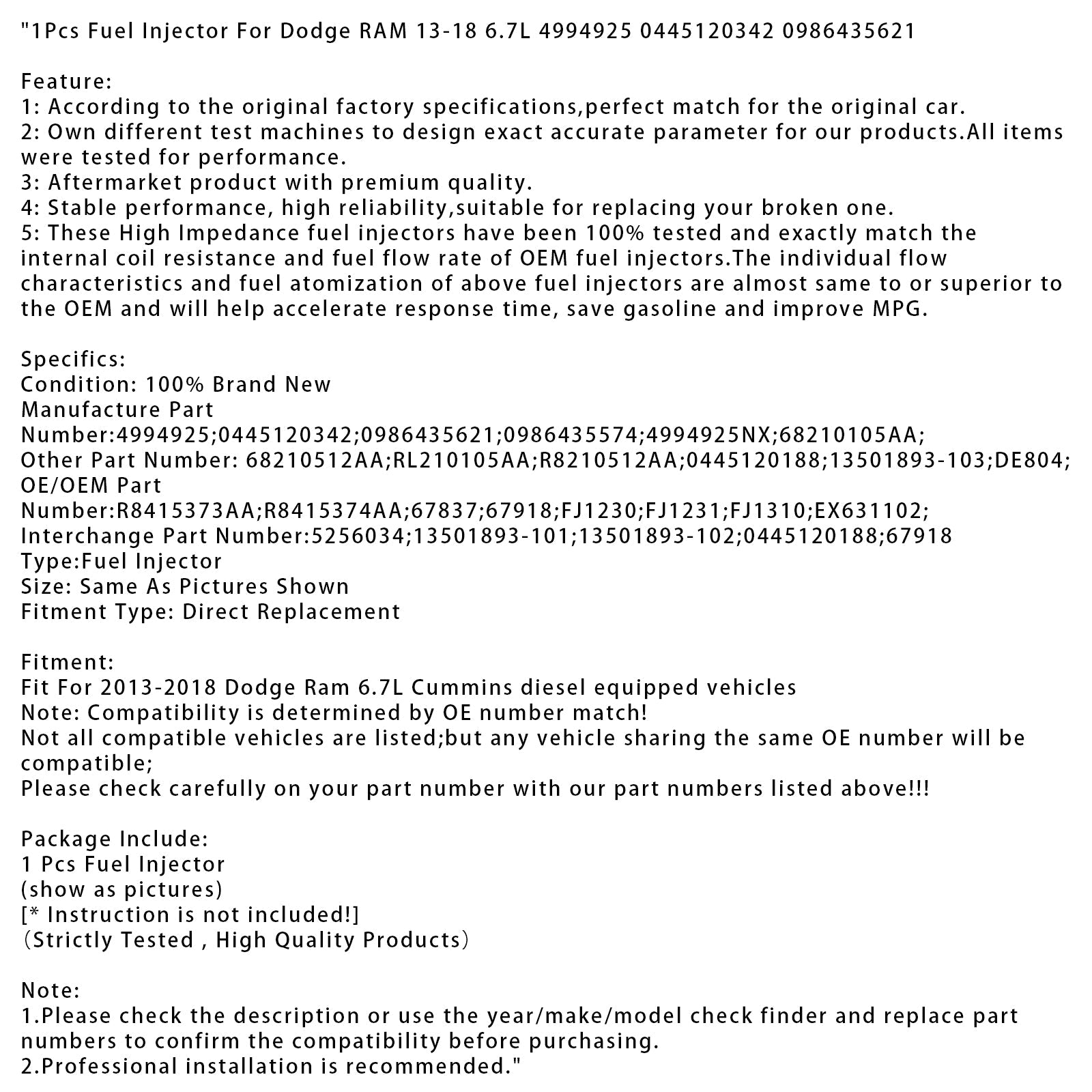 1 injecteur de carburant pour Dodge RAM 13-18 6.7L 4994925 0445120342 0986435621