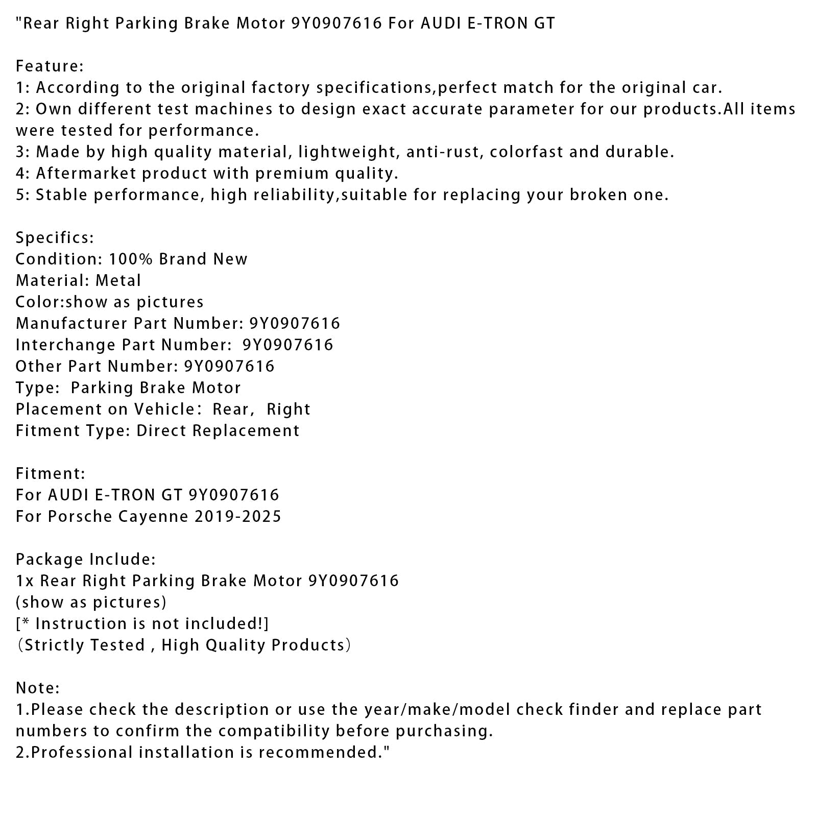 Motore di parcheggio posteriore destro posteriore 9Y0907616 per Audi E-Tron GT