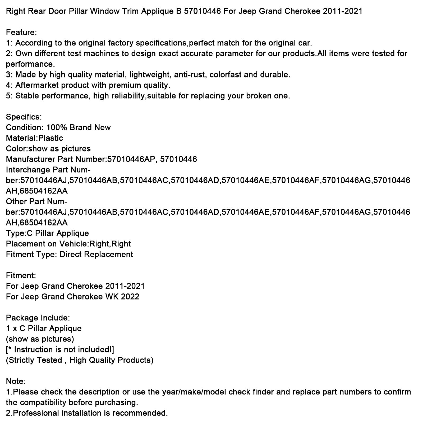 Embellecedor de ventana del pilar de la puerta trasera derecha, aplique B 57010446 para Jeep Cherokee 2011-2021