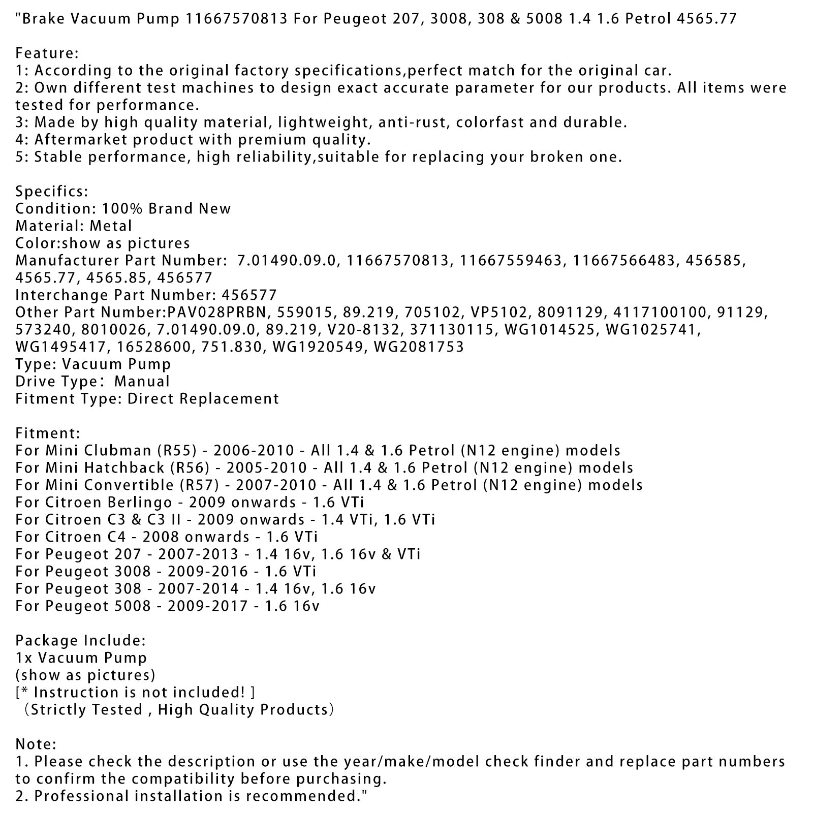 Jarru tyhjiöpumppu 11667570813 Peugeot 207: lle ja 5008 1,4 1,6 bensiini 4565,77