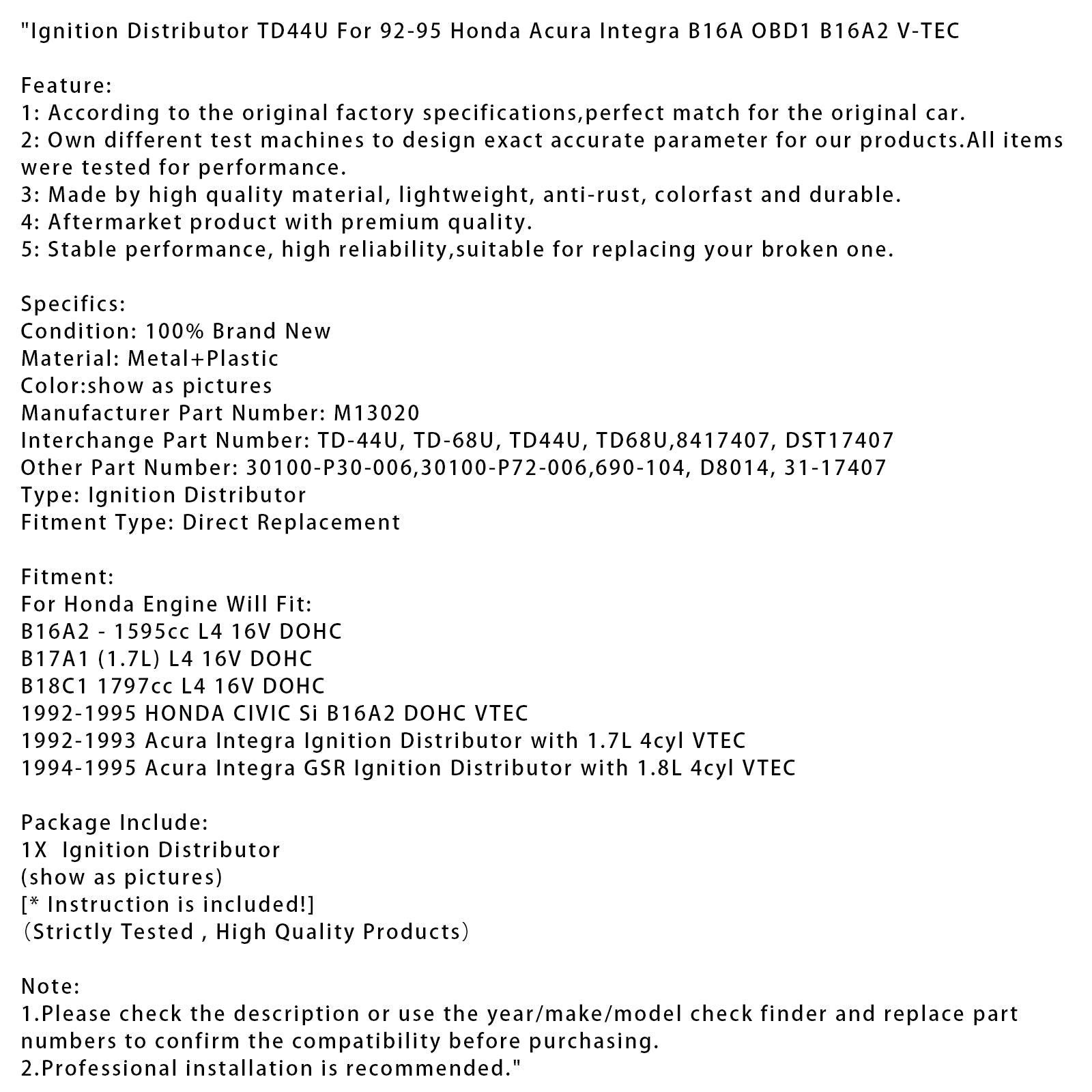 Distributore di'TD44U Accensione per Honda Acura Integra 92-95 B16A OBD1 B16A2 V-TEC