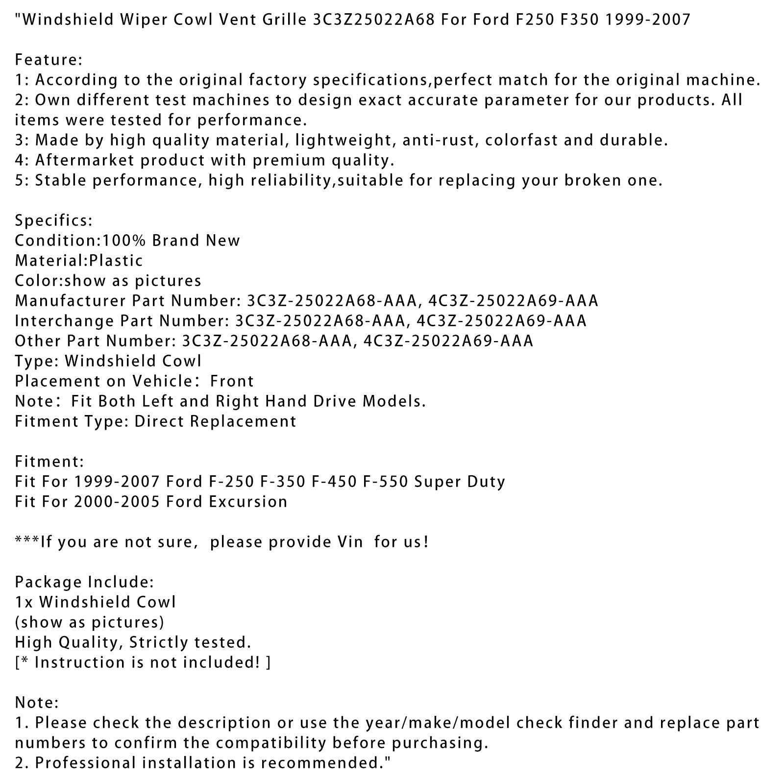 Grid de ventilación de limpiaparabrisas para Ford ExcurSion 2000-2005 3C3Z25022A68