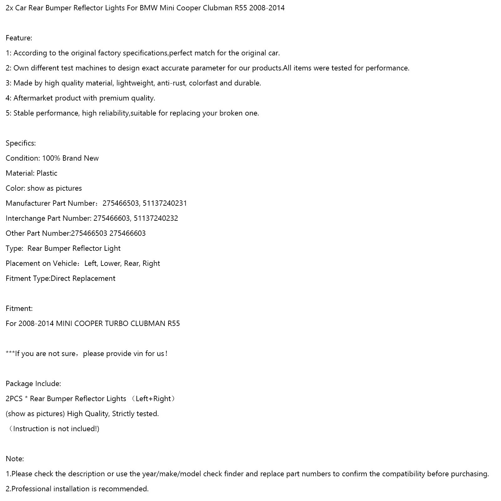 2x avtomobilski reflektor za zadnji odbijač za BMW Mini Cooper Clubman R55 2008-2014