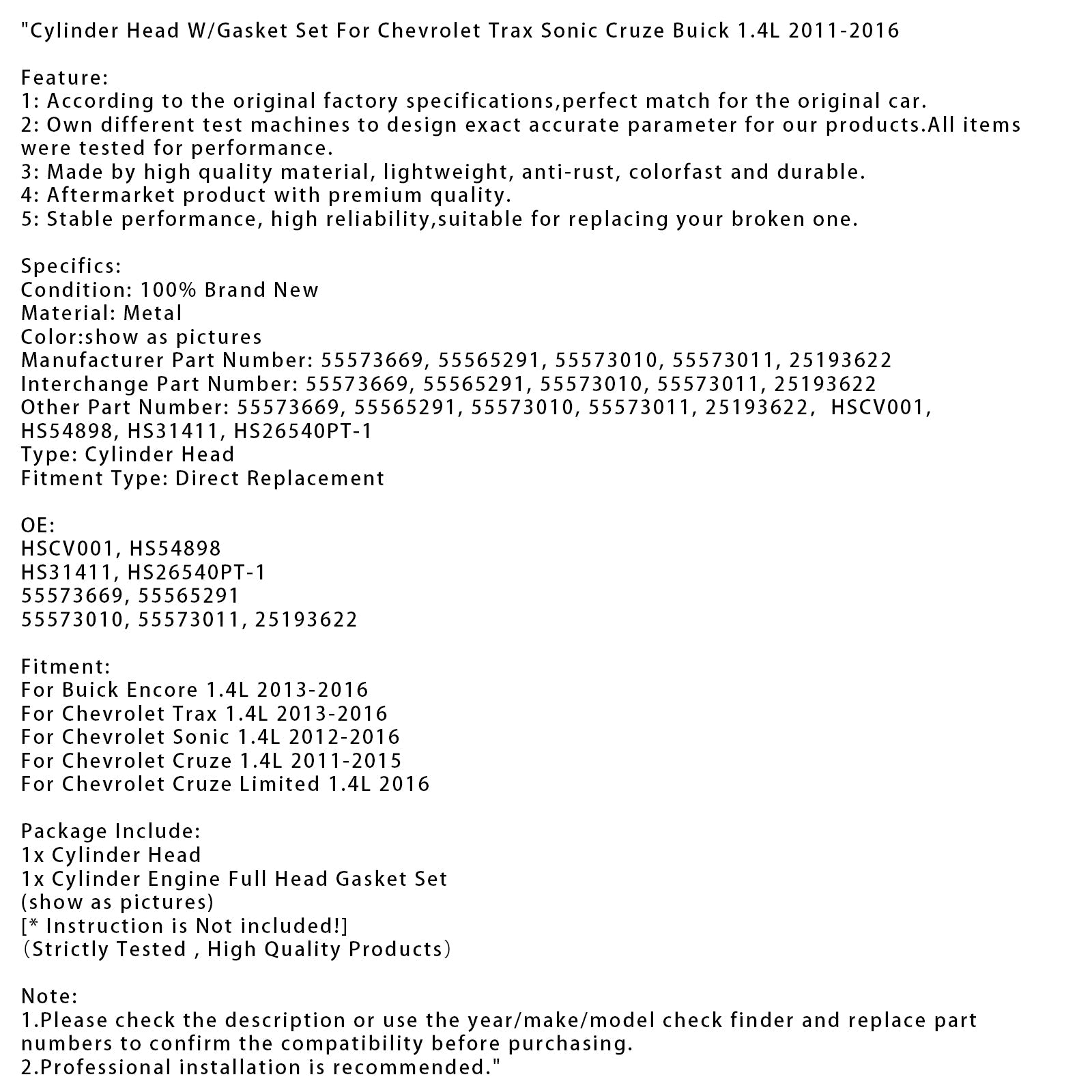 Culata con junta'Sellado para Chevrolet Cruze 1.4L 2011-2015 55573669 HS26540PT-1