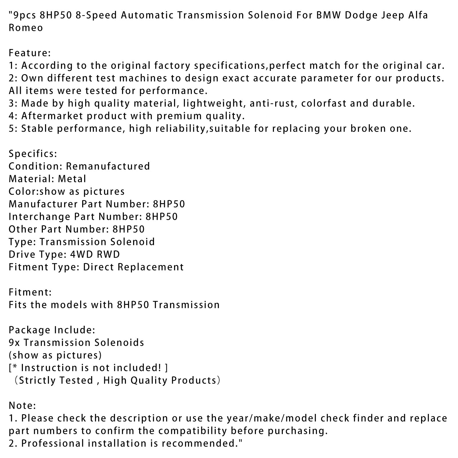 Lot de 9 solénoïdes de transmission automatique à 8 vitesses 8HP50 pour BMW Dodge Jeep Alfa Romeo