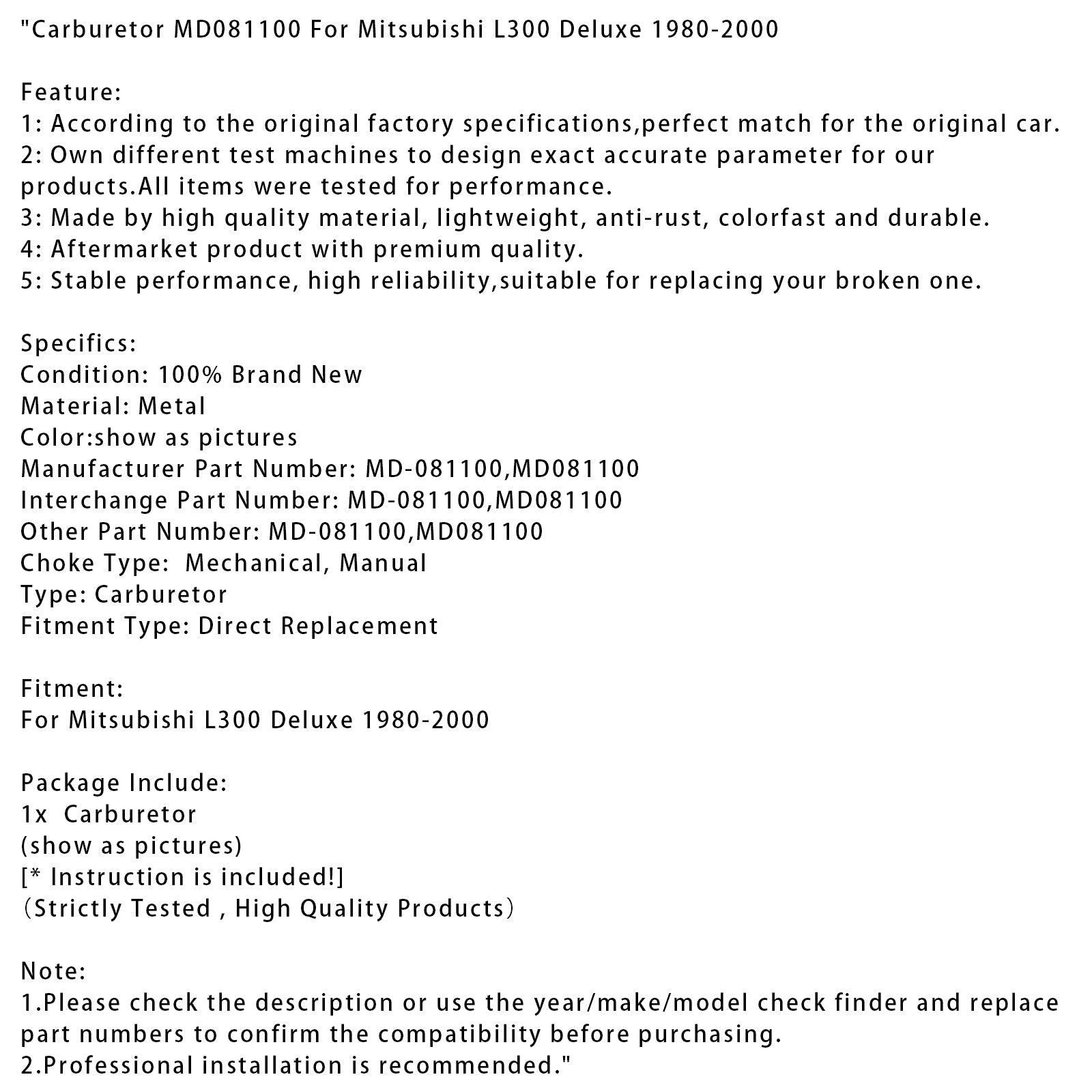 Luxe carburateur voor Mitsubishi L300 1980-2000 MD081100 MD-081100