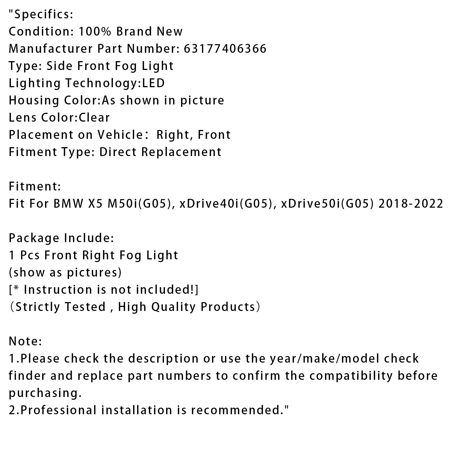 Luce nebbia anteriore anteriore a LED per BMW X5 G05 2018-2022 631774063666