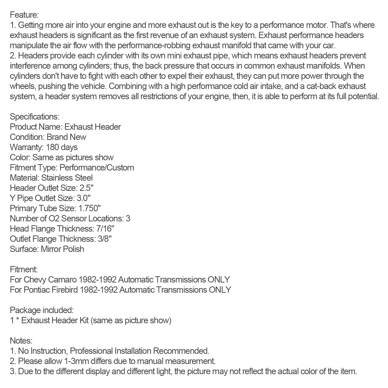 Performance Collector Long Tube V8 5.0L/5.7L - Camaro/Firebird 1982-1992 Automatyczne