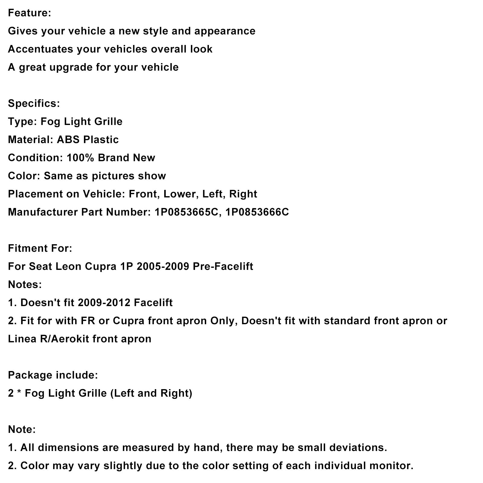 Conjunto de 2 cuadrículas protectoras para luces antiniebla delantera, para el asiento Leon Cupra 2005-2012