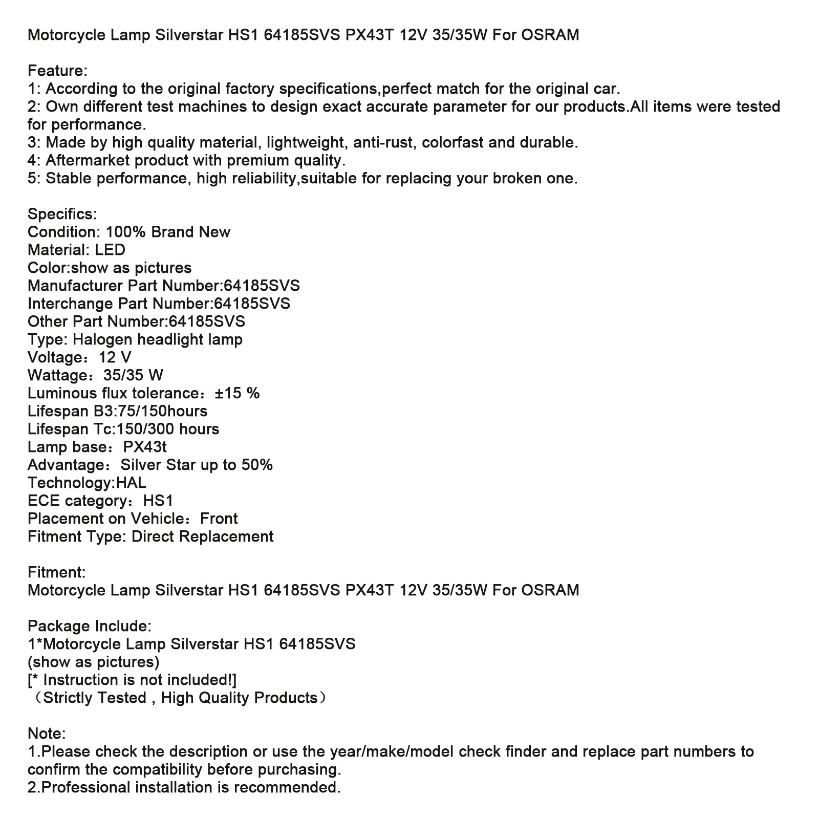 Silversstar Moto Lamp HS1 64185SVS PX43T 12V 35/35W per Osram