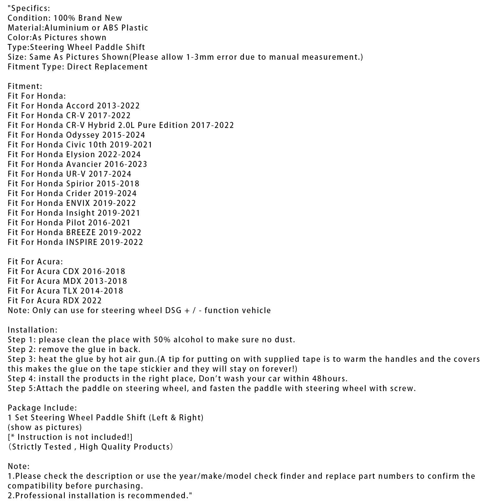 Pallet di cambio di velocità al volante per Acura RDX MDX CDX TLX 13-18