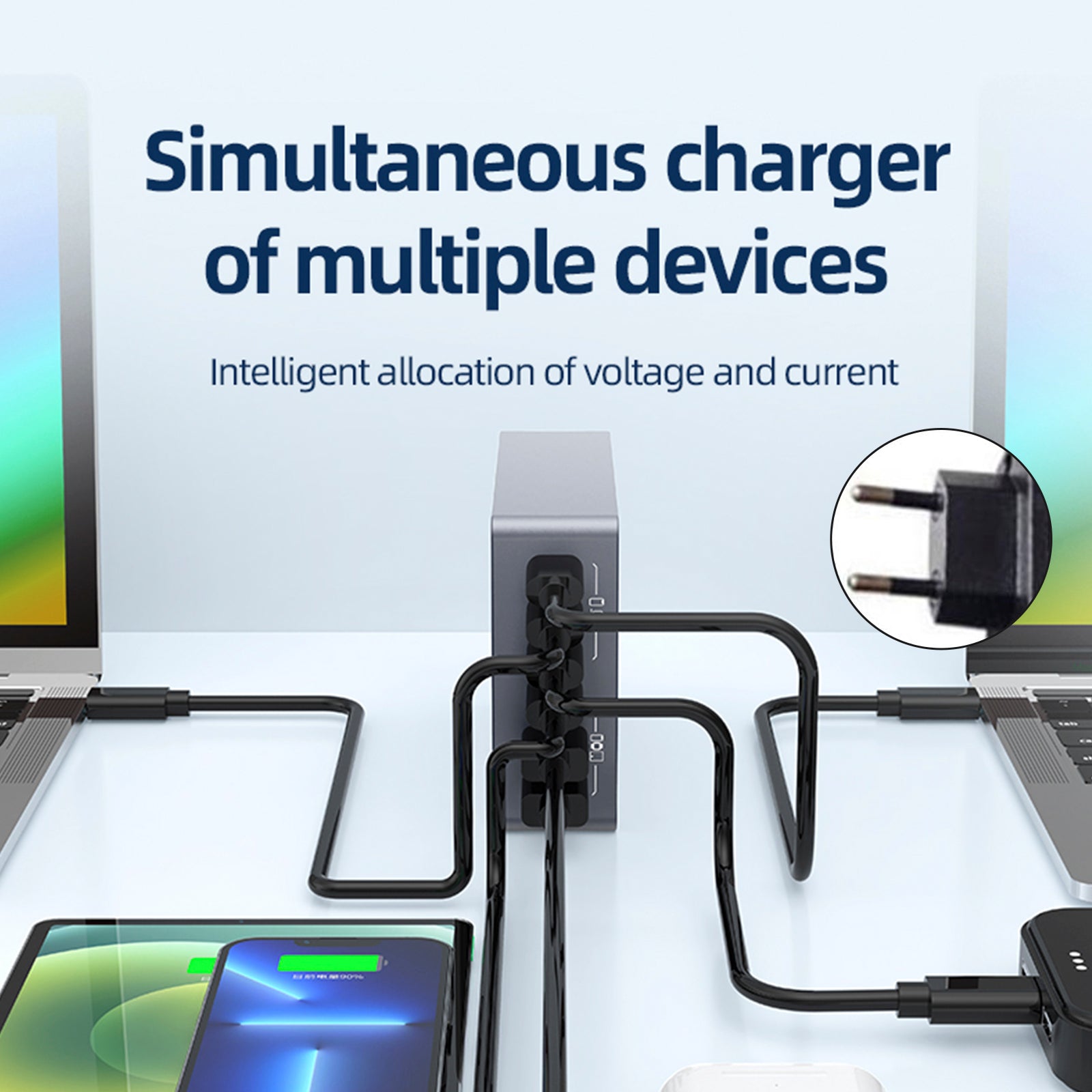 Stacja obciążenia biurowego F8A, 6 -port USB Szybka ładowarka, obsługa obciążenia PD100 W, inteligentna ładowarka, gniazdo UE