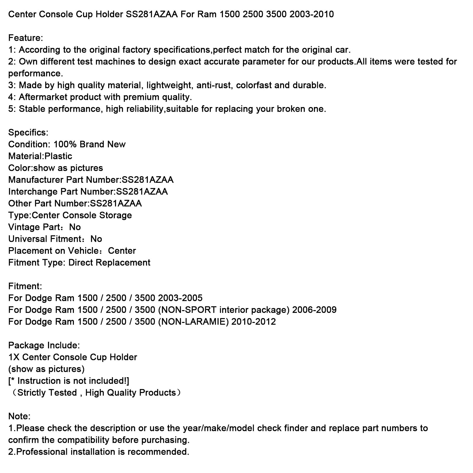 Klein gat middenconsole bekerhouder SS281AZAA voor Ram 1500 2500 3500 03-10